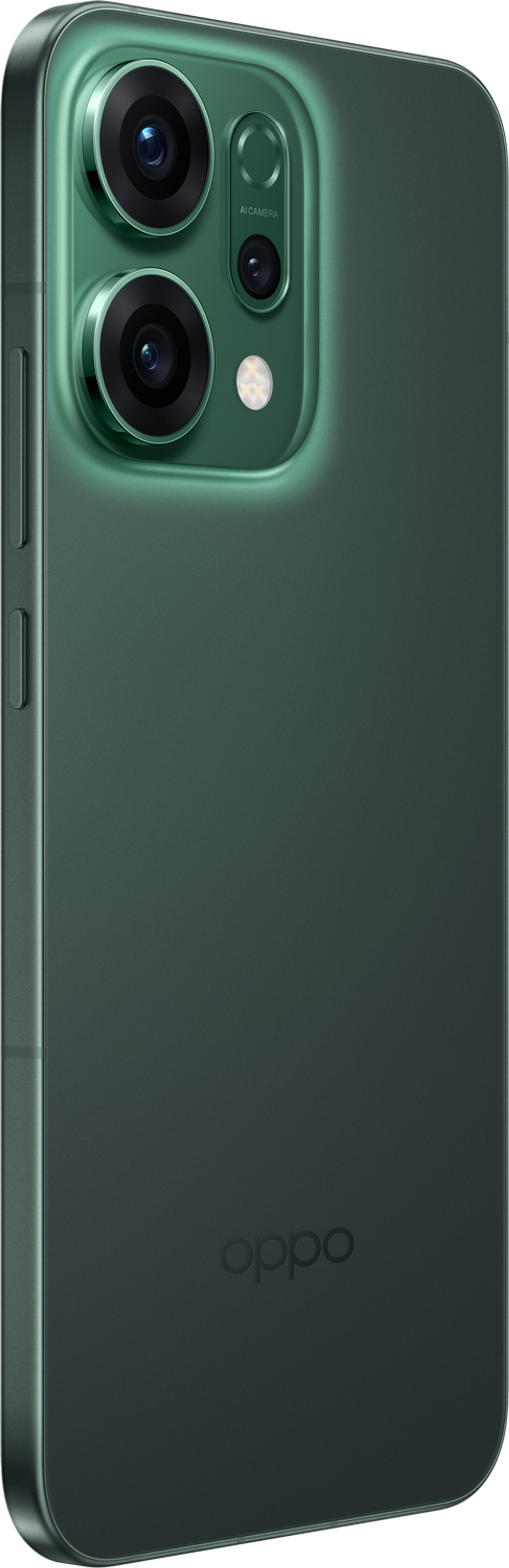 Zielony smartfon Oppo. Tył ukazuje zestaw aparatów z trzema obiektywami. Logo Oppo znajduje się na dole.