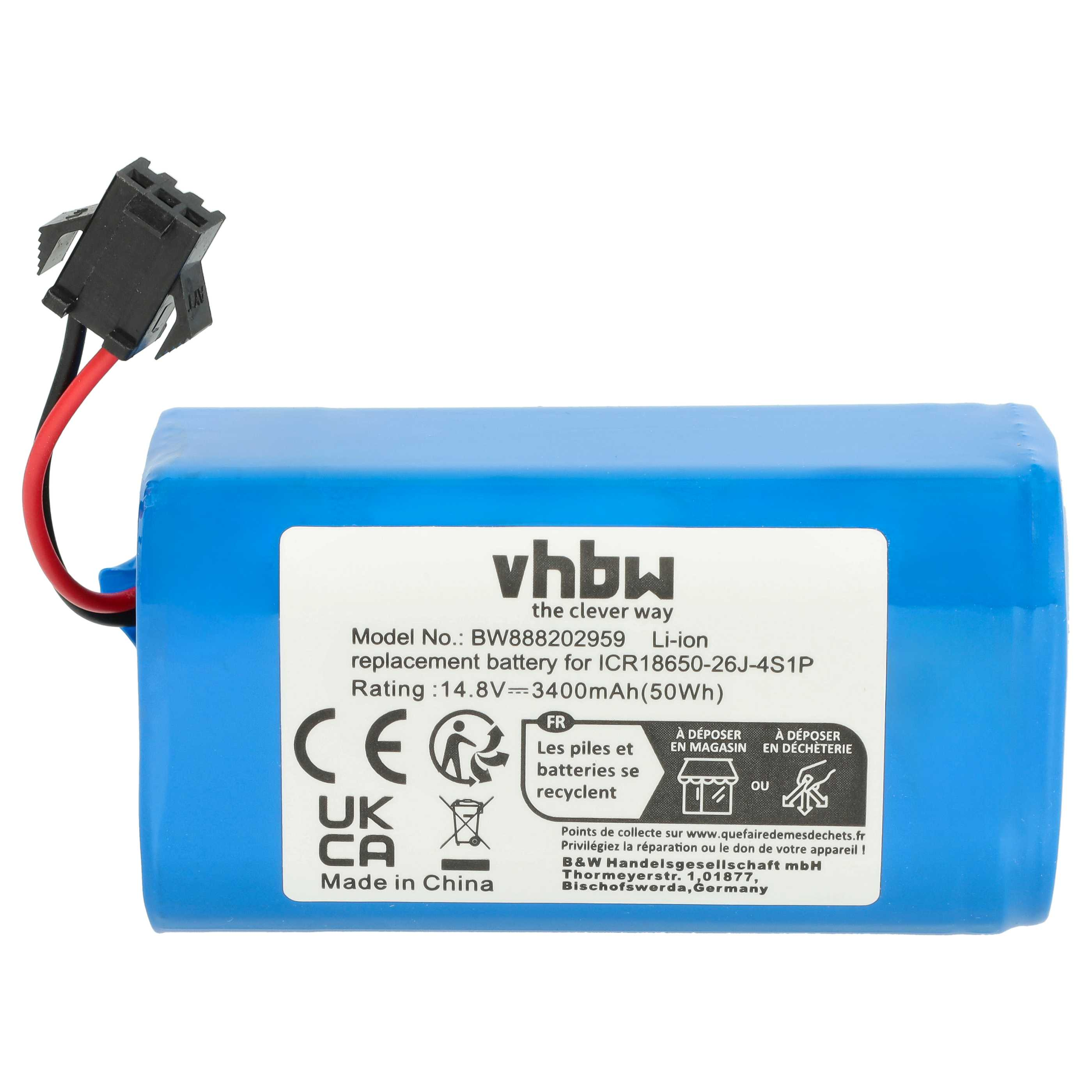 Blauer Akku mit schwarzem Stecker. Text zeigt an, dass es sich um einen Ersatzakku handelt.