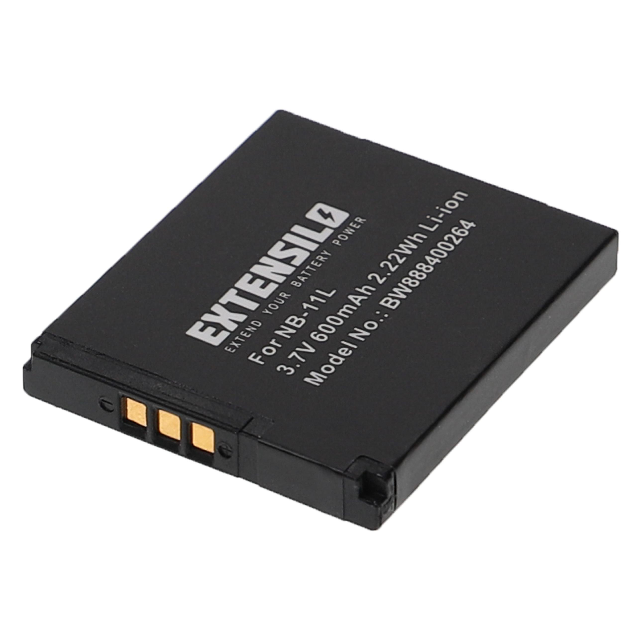 Ein schwarzer Extensilo NB-11L Akku mit Text, 3,7V 600mAh und Modellnummer BW888400264, auf weißem Hintergrund.