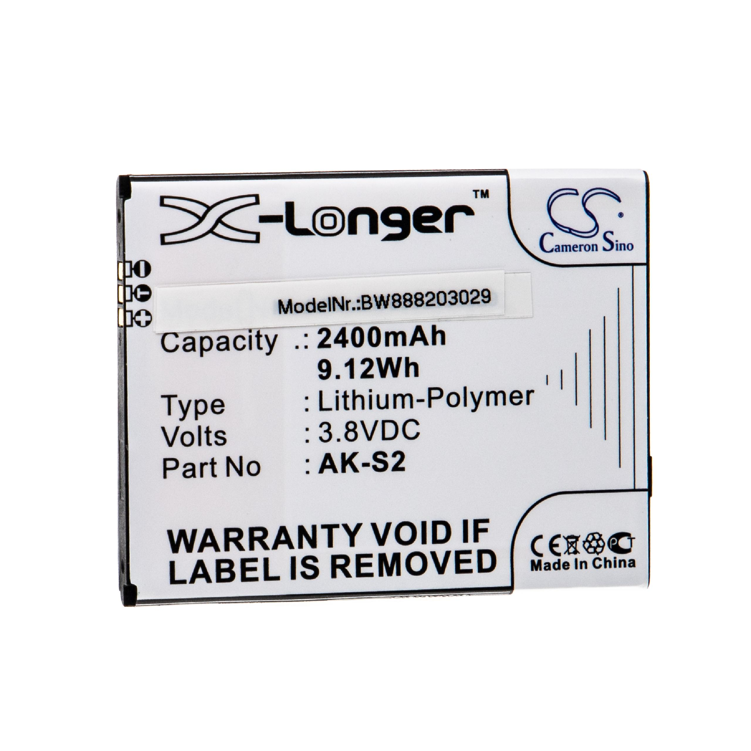 Ein weißer Akku mit Text, darunter 'X-Longer', 'Kapazität 2400mAh' und 'Garantie erlischt bei Entfernung des Etiketts'.