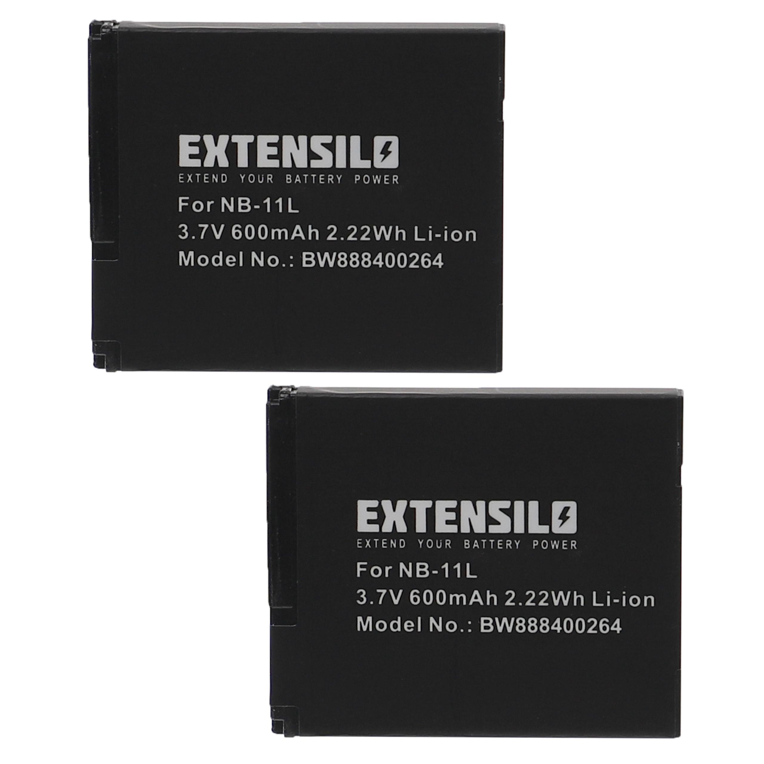Zwei schwarze EXTENSILO-Akkus mit weißem Text: Modellinfo, 3,7 V, 600 mAh, 2,22 Wh Li-Ion, Für NB-11L, Modellnummer BW888400264.