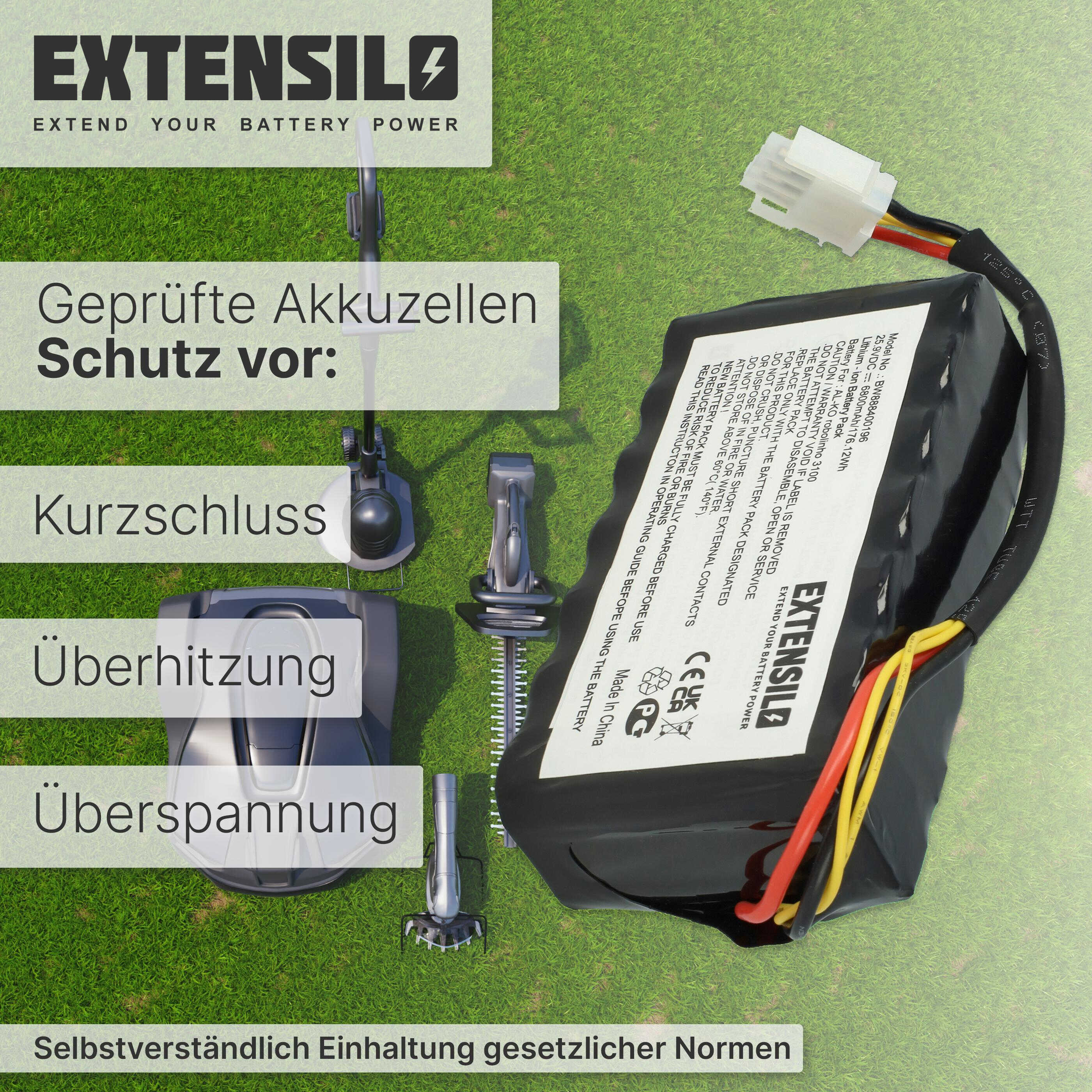 Das Bild zeigt einen Akku mit Kabeln, Text und Werkzeugen. Der Hintergrund ist grün, Text enthält Batterieschutz.