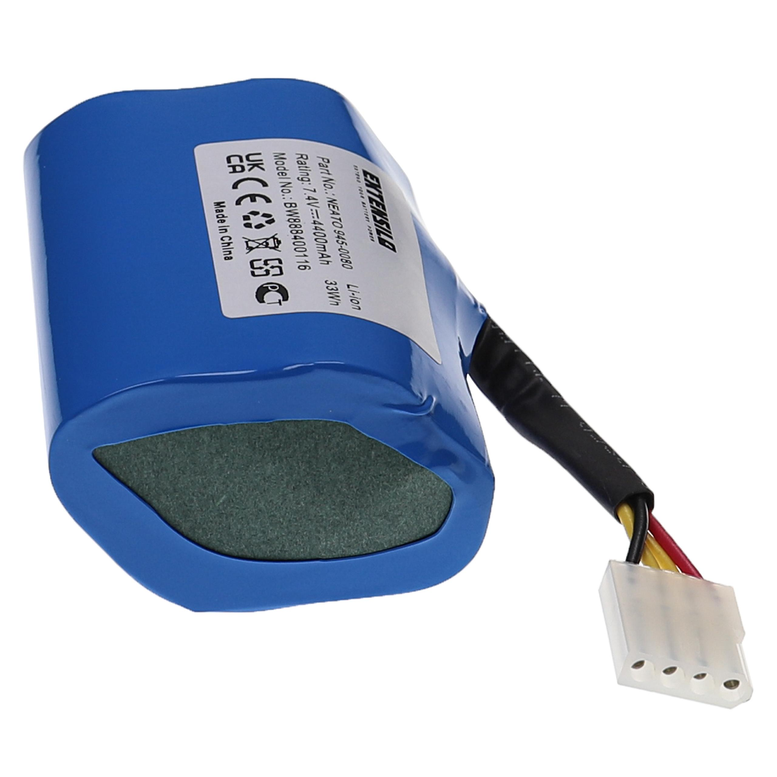 Ein blauer Akku mit schwarzem Kabel und weißem Stecker. Er hat ein Etikett mit Text.