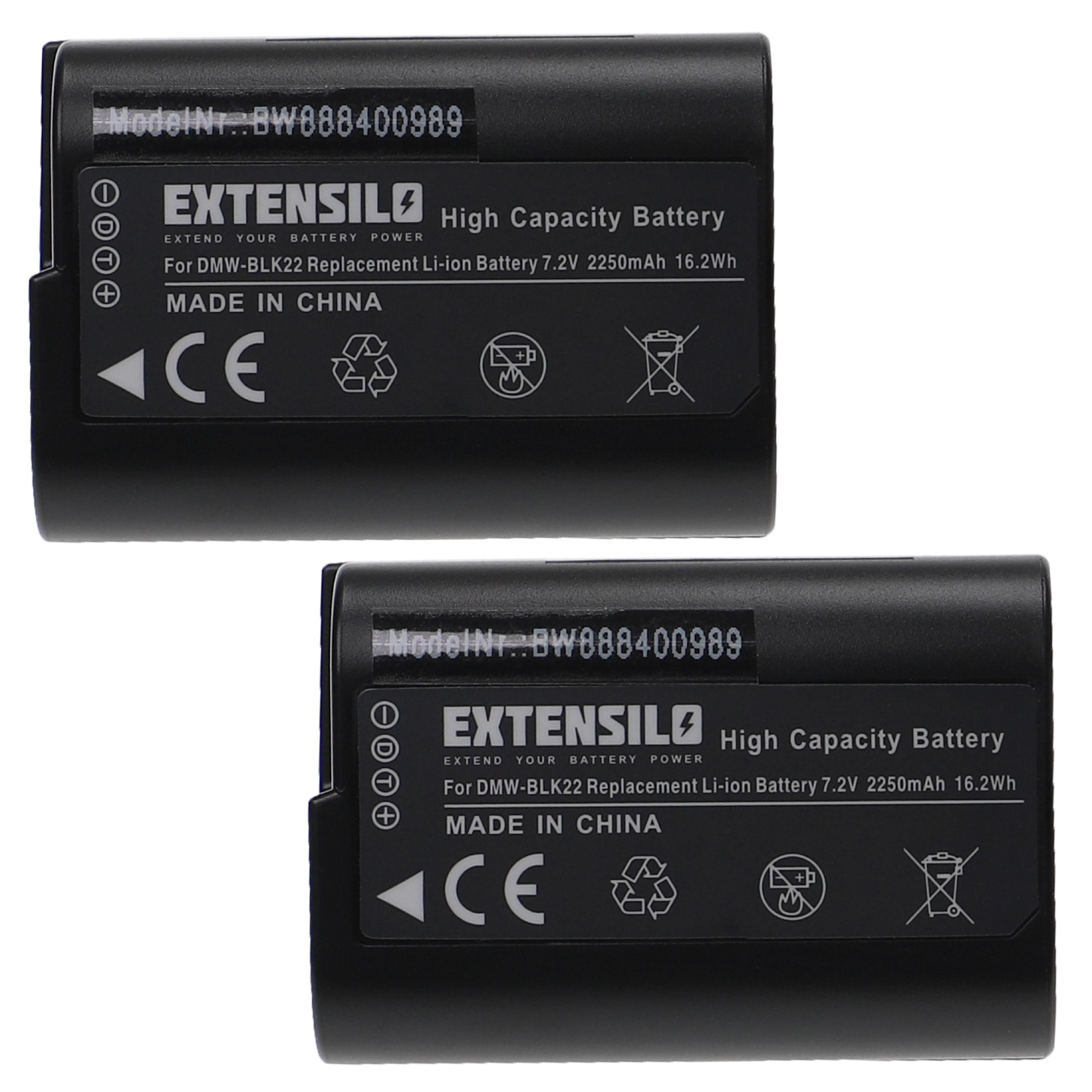 Zwei schwarze EXTENSILO-Batterien. Jede hat eine Modellnummer und Informationen zu Spannung und Kapazität. Hergestellt in China.
