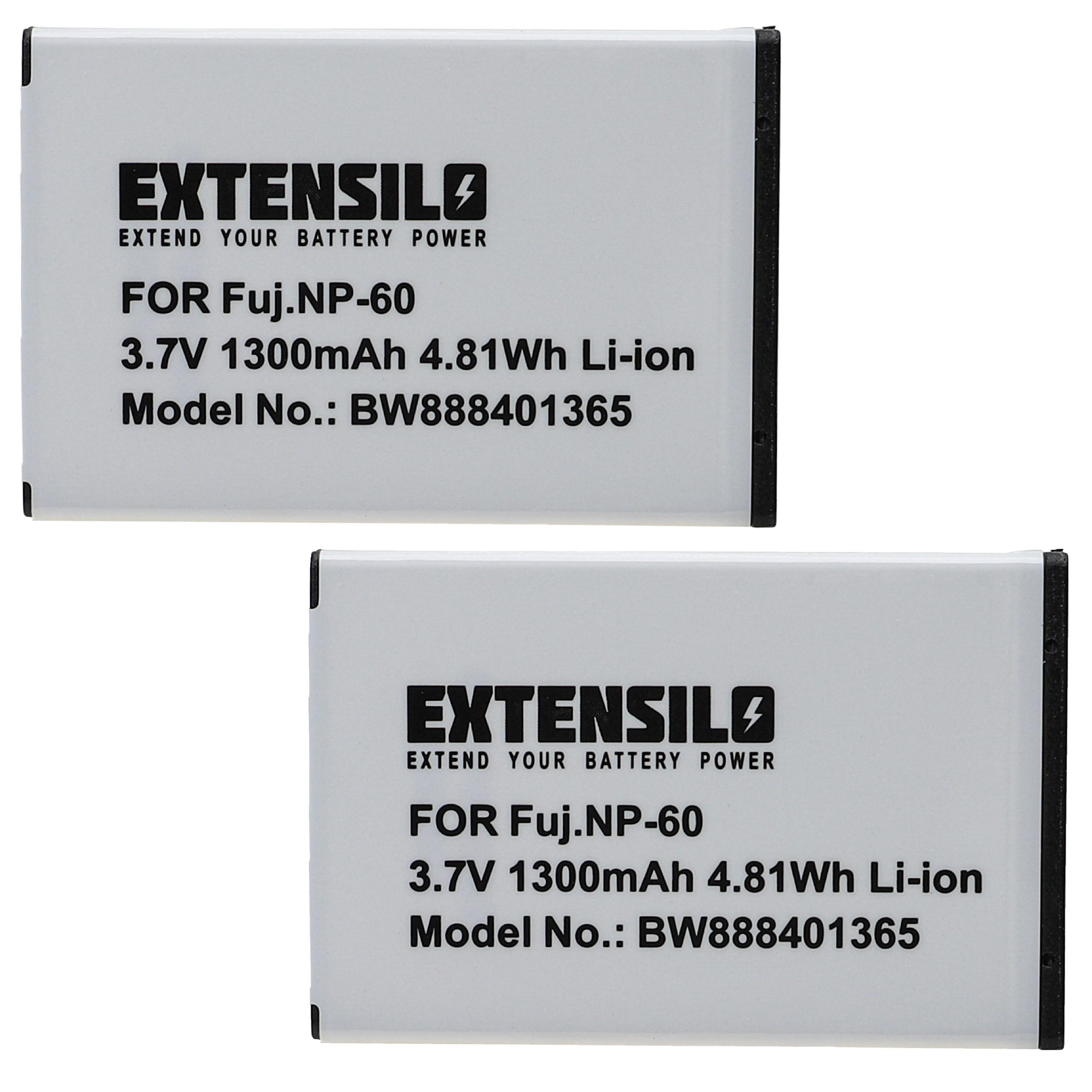 Zwei weiße EXTENSILO-Akkus, schwarzer Text, Text enthält: FOR Fuj.NP-60, 3,7V 1300mAh und Modell-Nr. BW888401365.