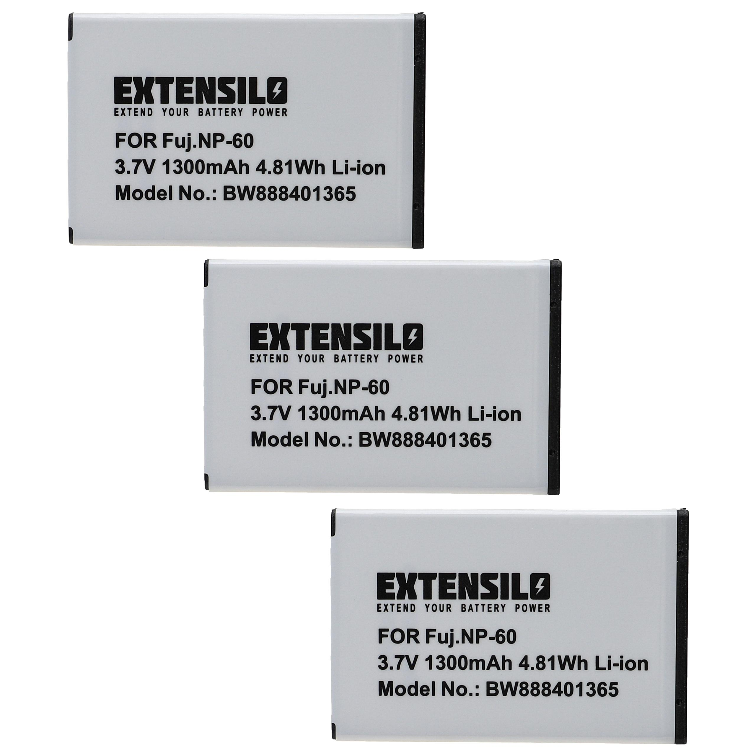 Drei weiße Batterien mit schwarzem Text. Jede sagt 'EXTENSILO', 'FOR Fuj.NP-60' und andere Spezifikationen.