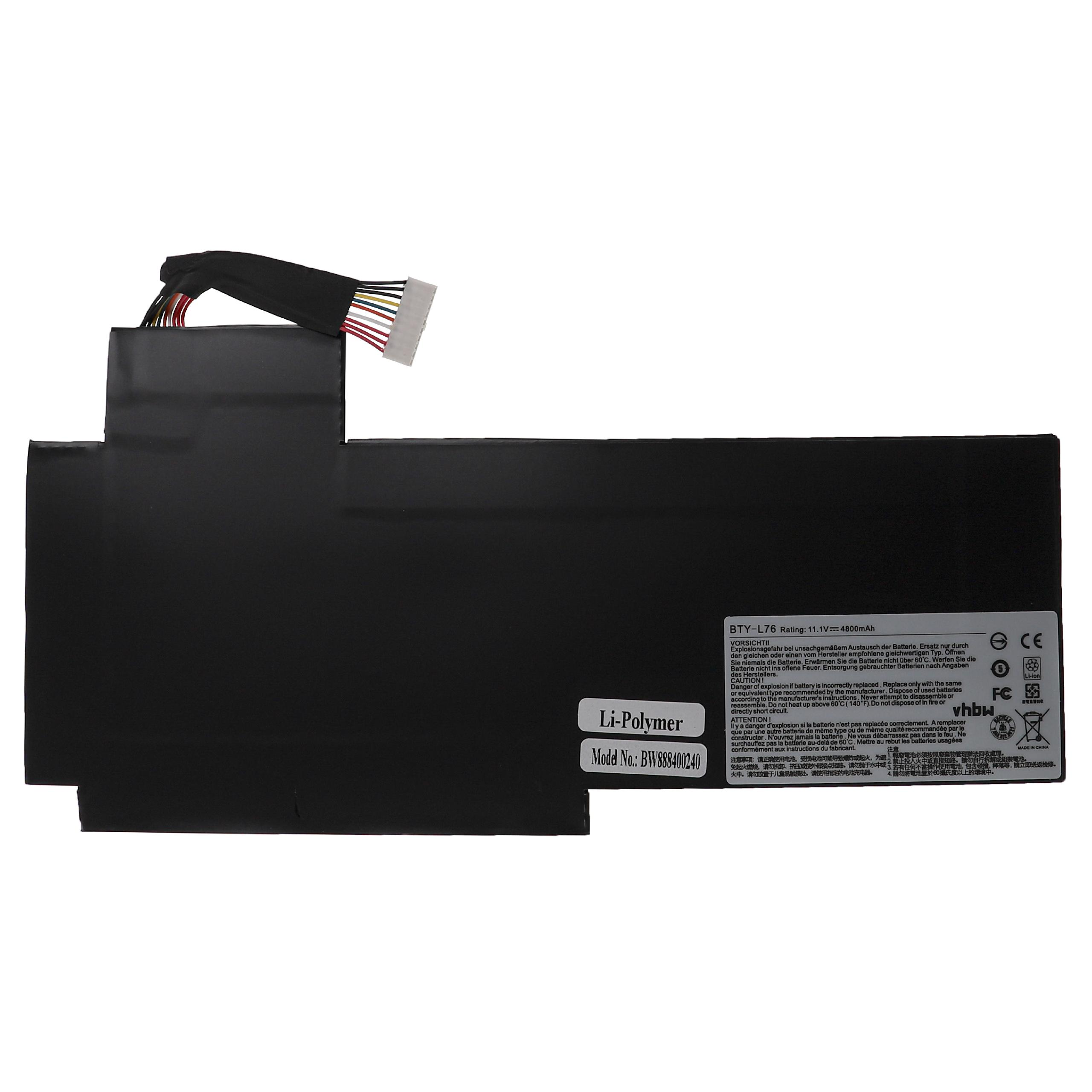 Ein schwarzer Laptop-Akku mit Textetiketten und einem mehrfarbigen Drahtanschluss.