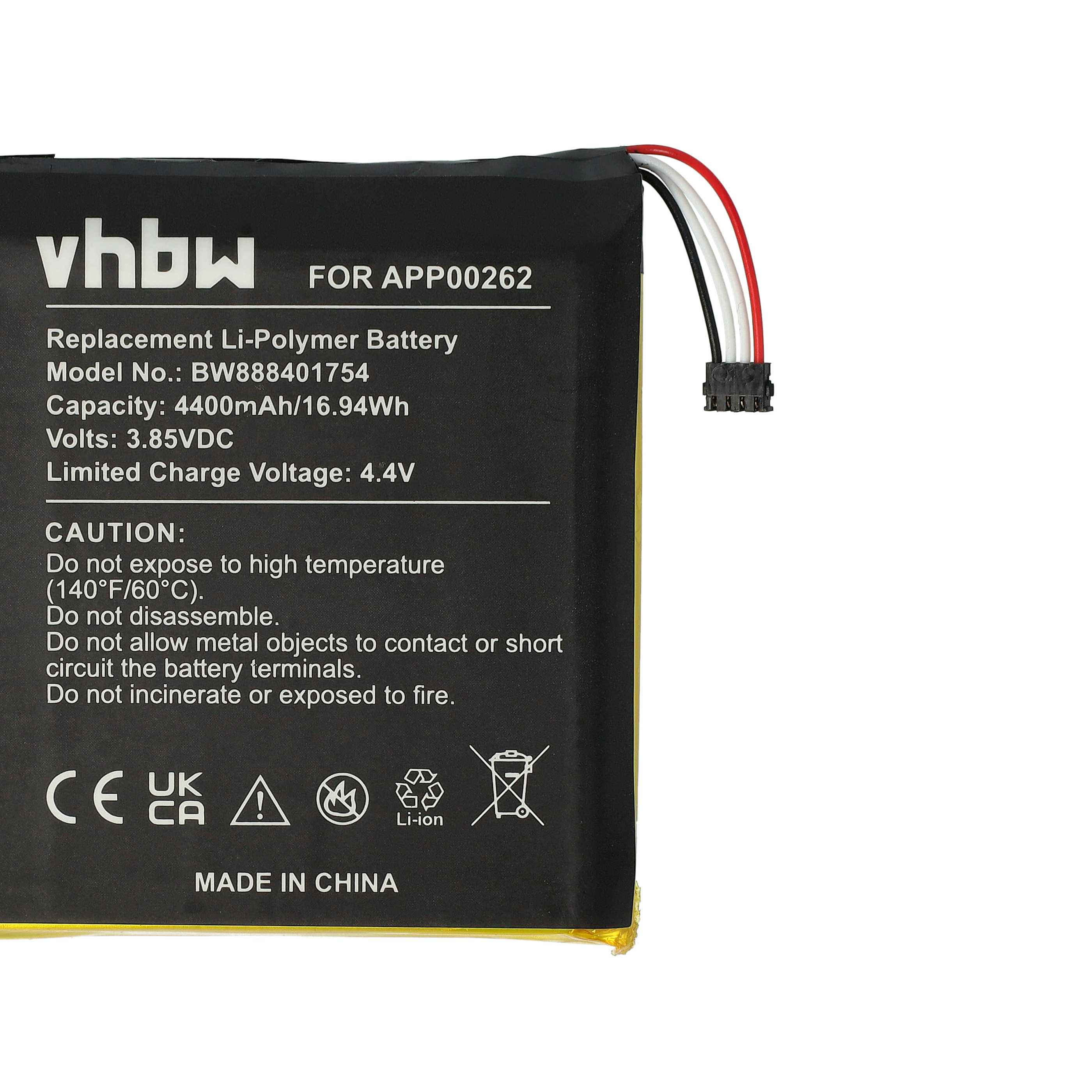 Ein schwarzes Akkupack mit weißem Text. Es hat einen roten, weißen und schwarzen Kabelanschluss. Text lautet 'Replacement Li-Polymer Battery'.