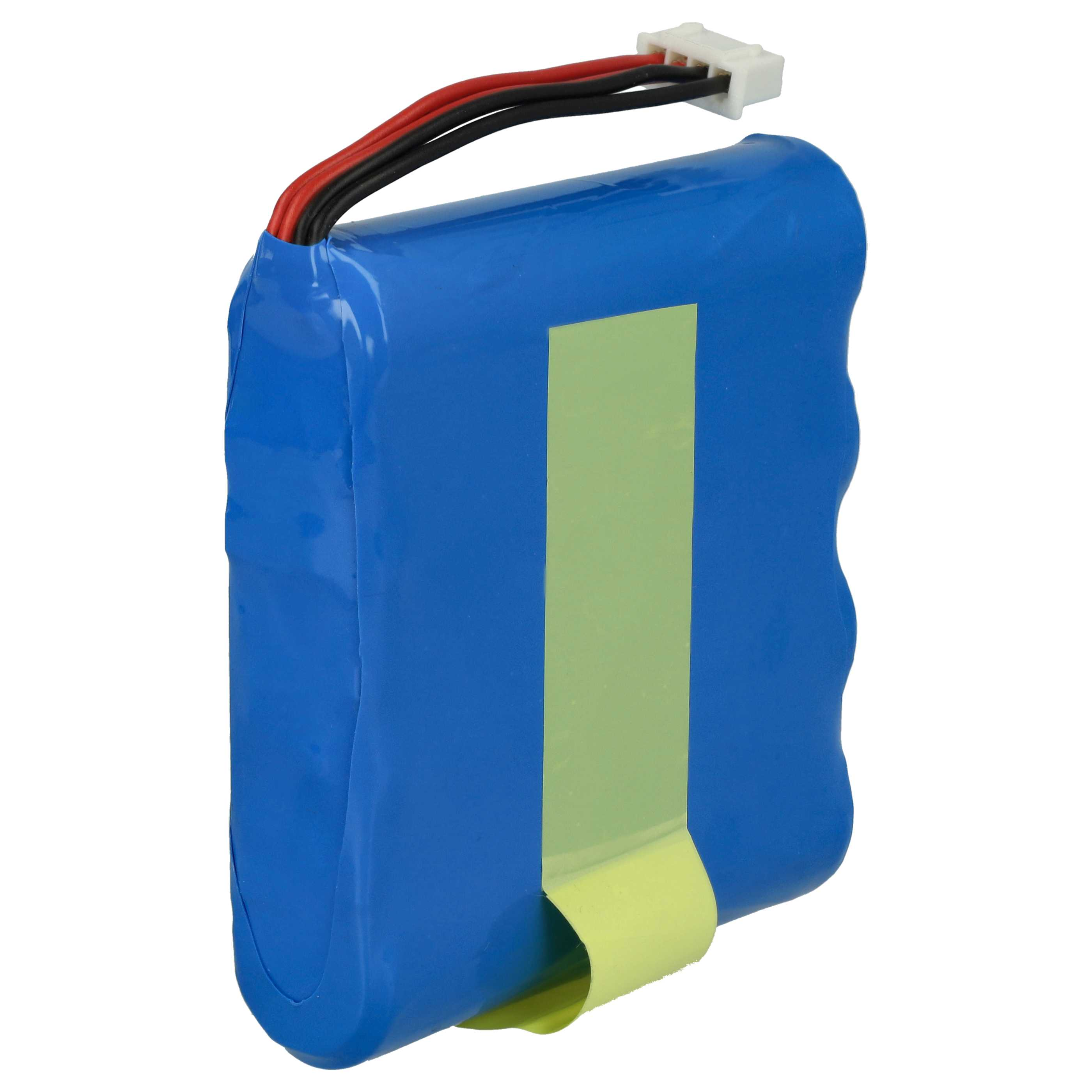 Ein blaues Akkupack mit einem grünen Aufkleber, schwarzen und roten Drähten und einem weißen Stecker.