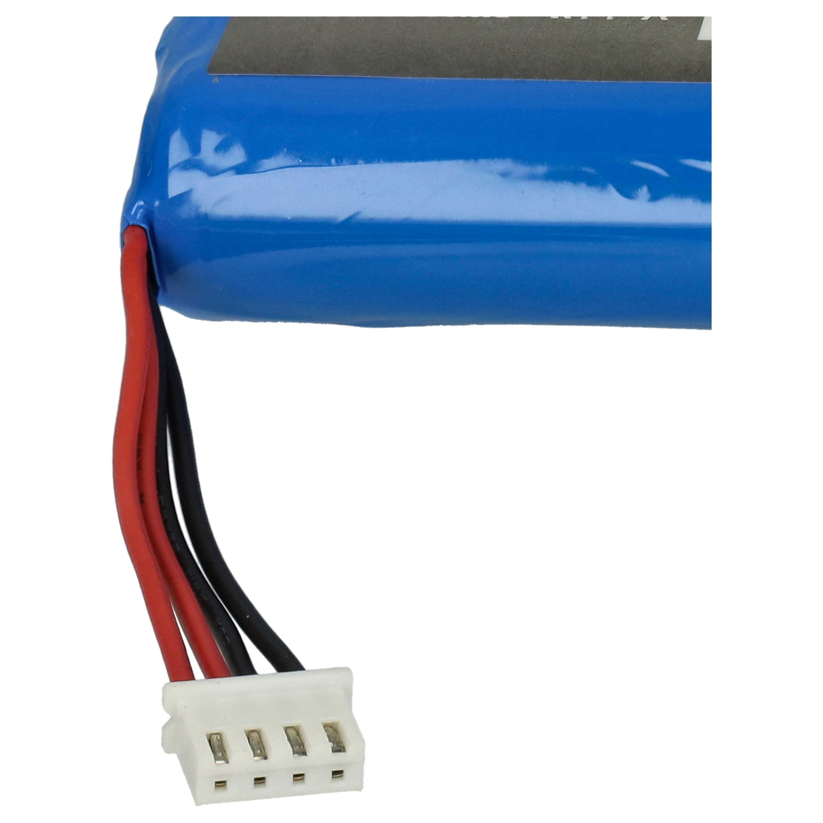 Ein blauer Akku mit roten, schwarzen Drähten und einem weißen Stecker. Der Akku ist vor weißem Hintergrund.