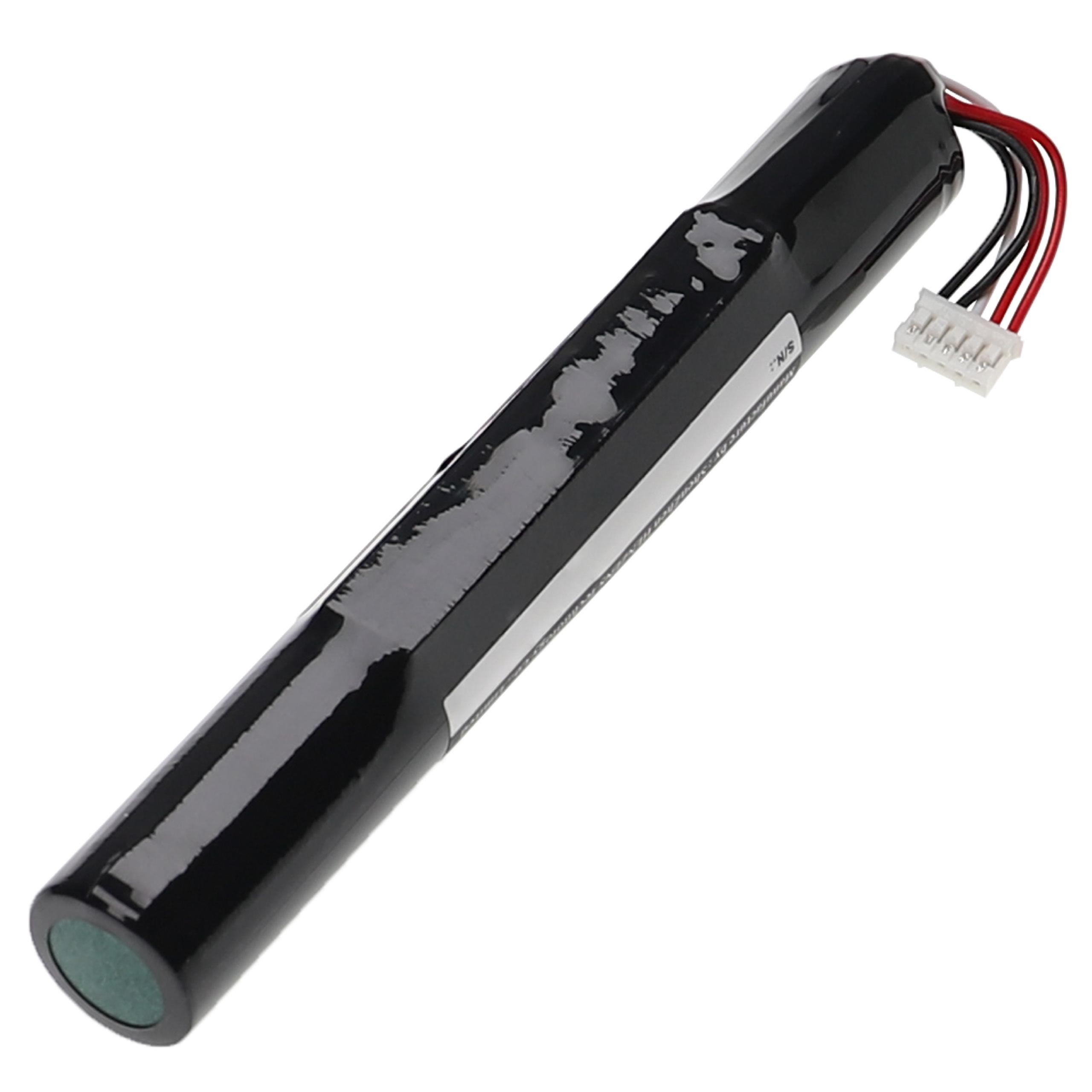 Eine schwarze zylindrische Batterie mit weißem Stecker und Drähten. Die Batterie hat ein Etikett und ein grünes Ende.