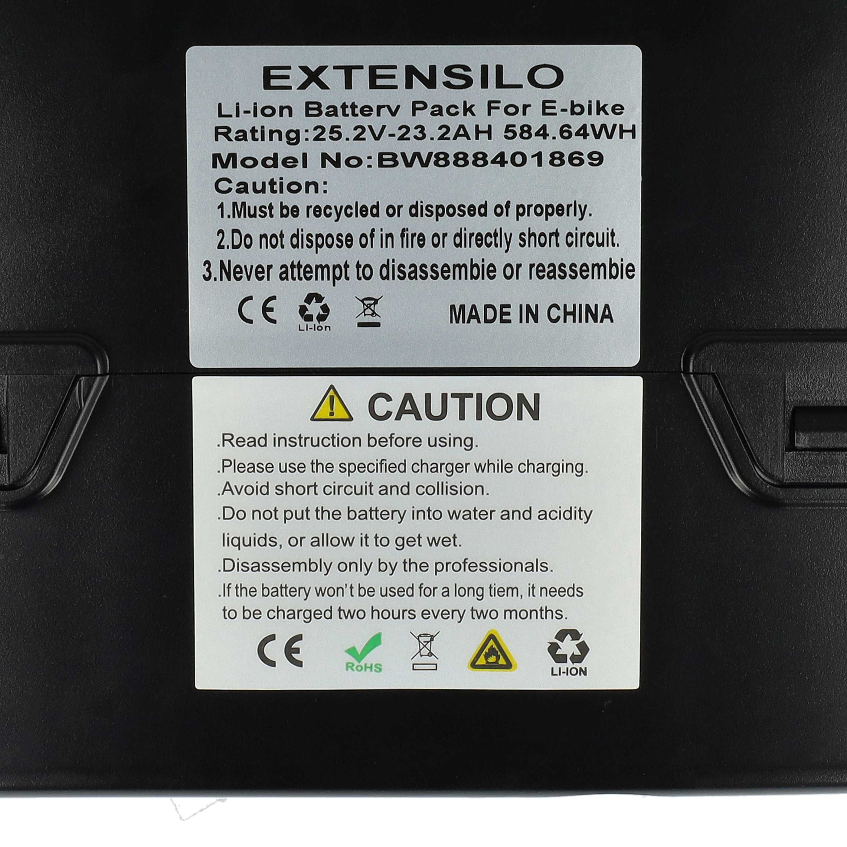 Batteriepack-Etikett mit Text: EXTENSILO, Li-Ionen-Batteriepack. Vorsichtshinweise stehen auf schwarzem Hintergrund.