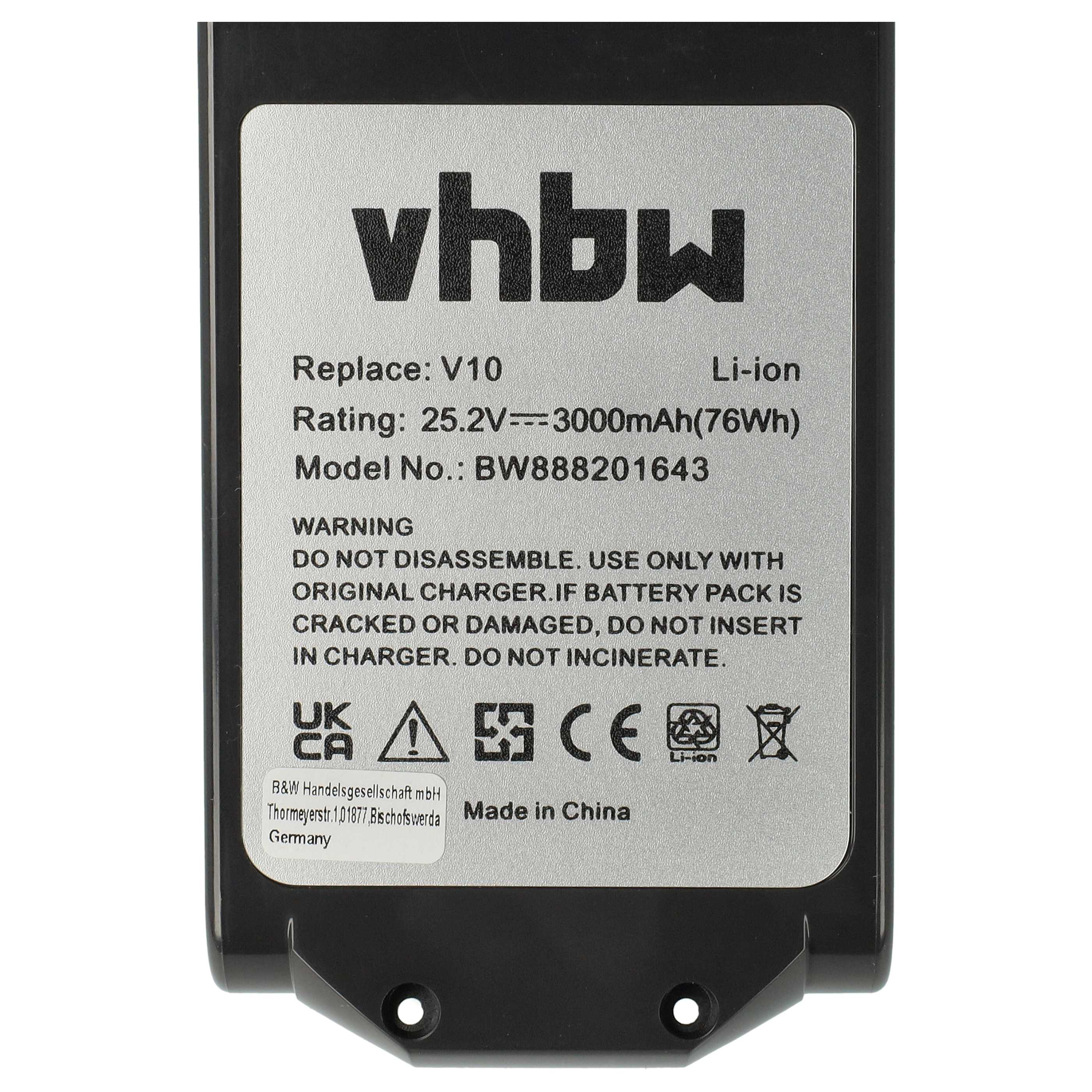 Ein schwarzer Akku mit silbernem Etikett. Text enthält: vhbw, Replace: V10, Li-ion, Rating: 25.2V, Model No.: BW888201643.