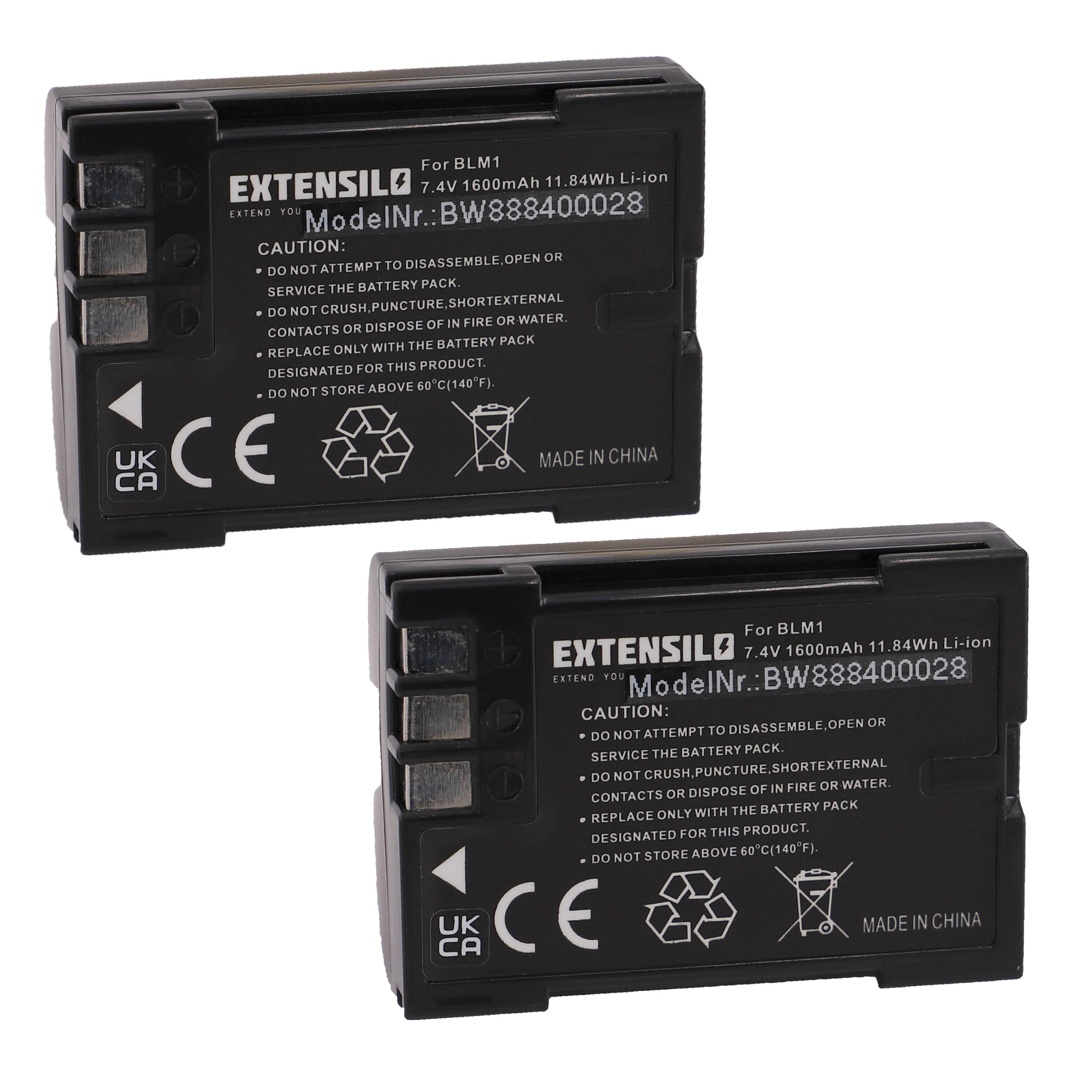 Zwei schwarze Kamerabatterien. Jede hat weißen Text mit Warnhinweisen und einer Modellnummer. Die Batterien sind mit CE- und UKCA-Symbolen gekennzeichnet.