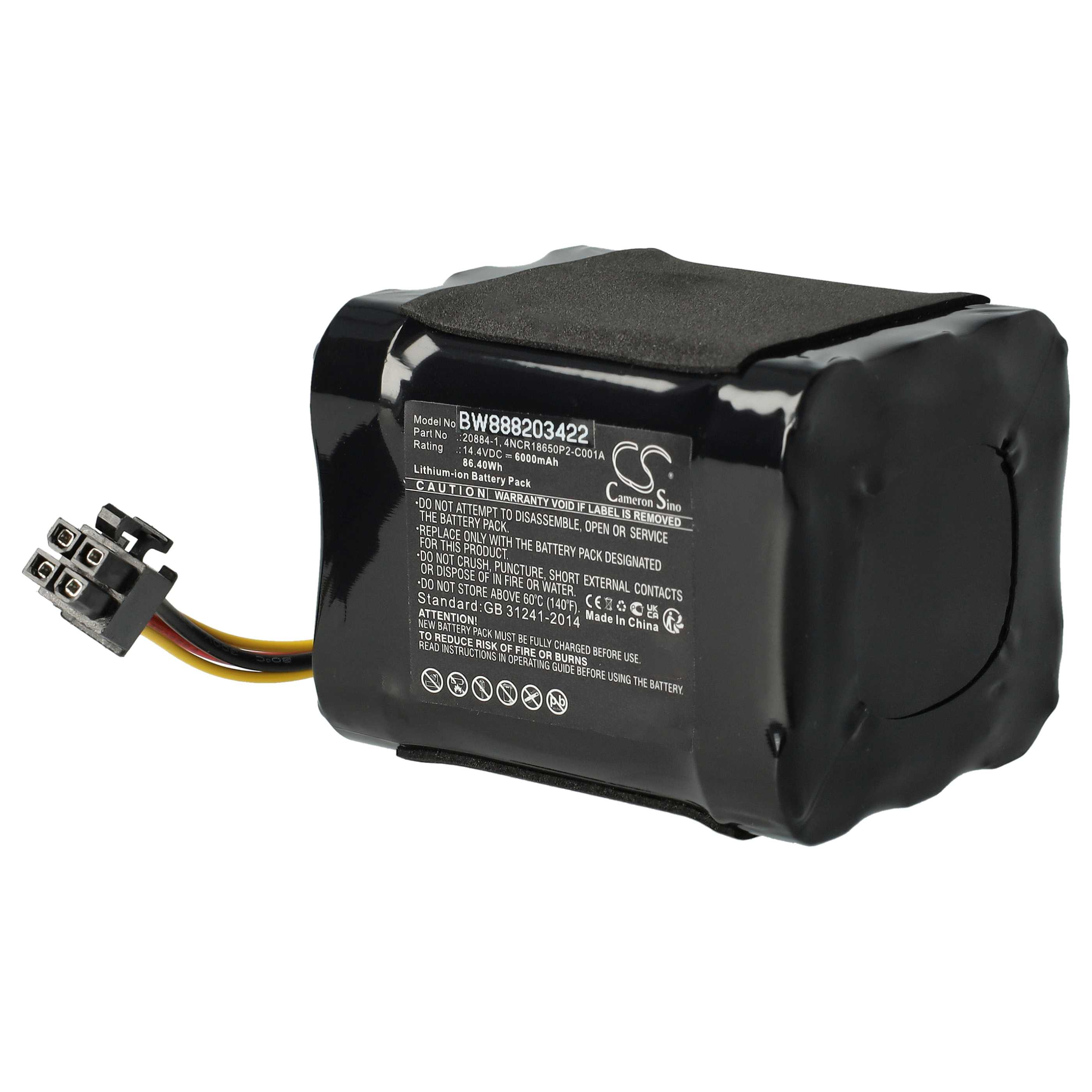 Ein schwarzes Batteriepack mit Etikett, Anschluss und Schaumstoffpolsterung. Es hat Warnungen und Spezifikationen.