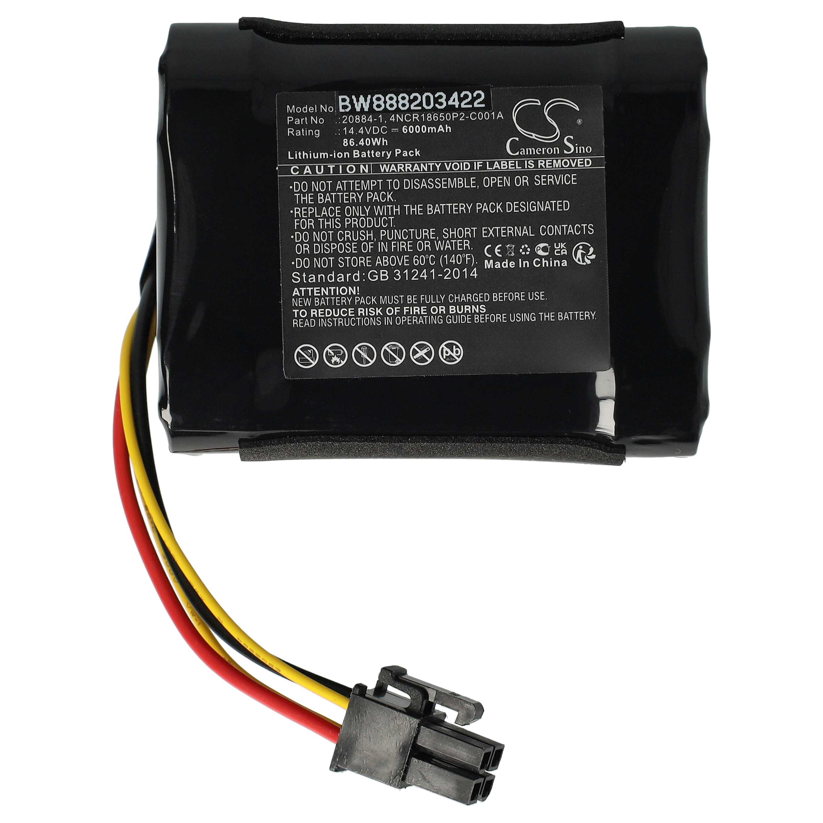 Ein schwarzes Batteriepack mit Text, einem Stecker und Drähten in Rot, Gelb und Schwarz vor weißem Hintergrund.