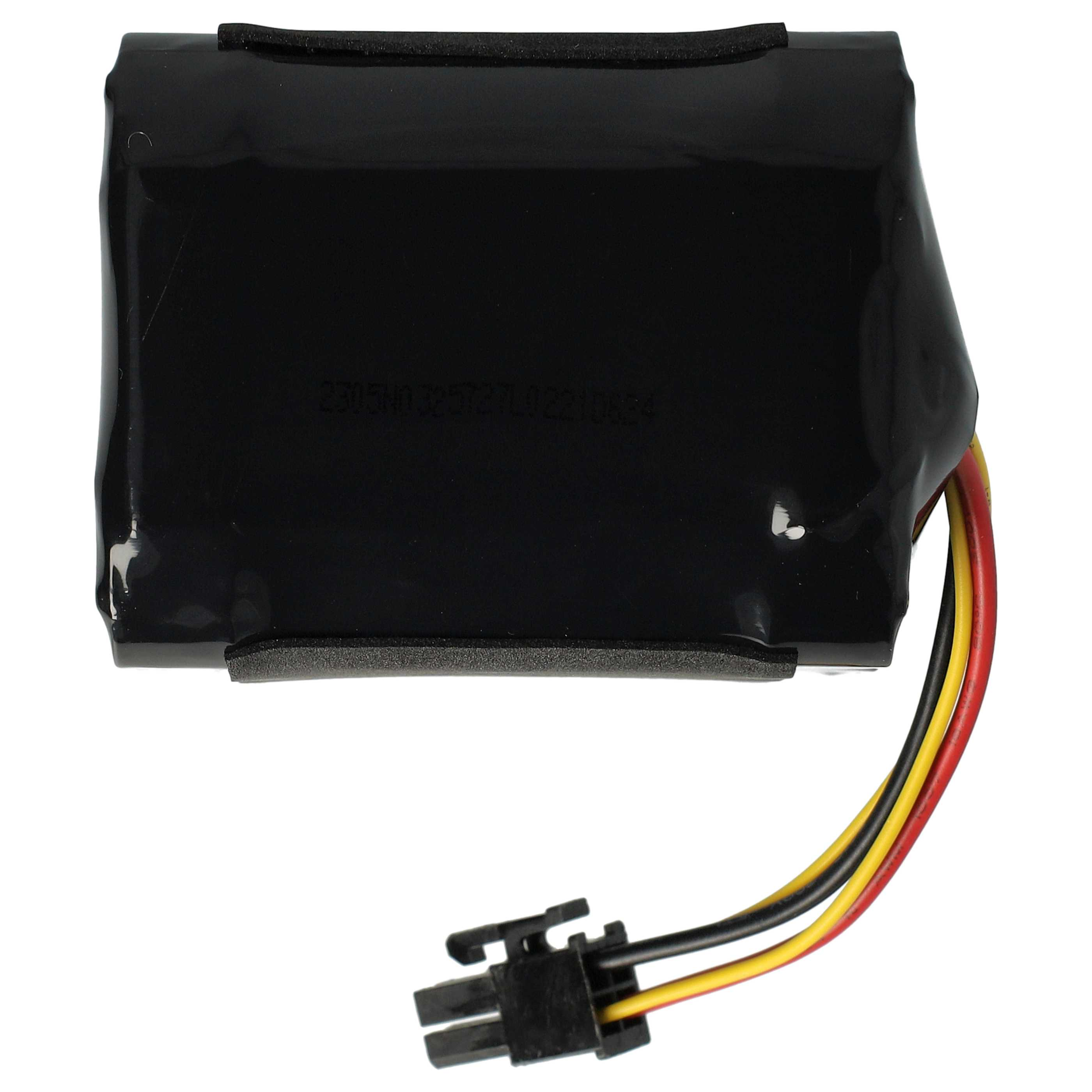 Ein schwarzes Akkupack mit Kabeln und einem Stecker. Das Pack hat ein Etikett und ist auf weißem Hintergrund.