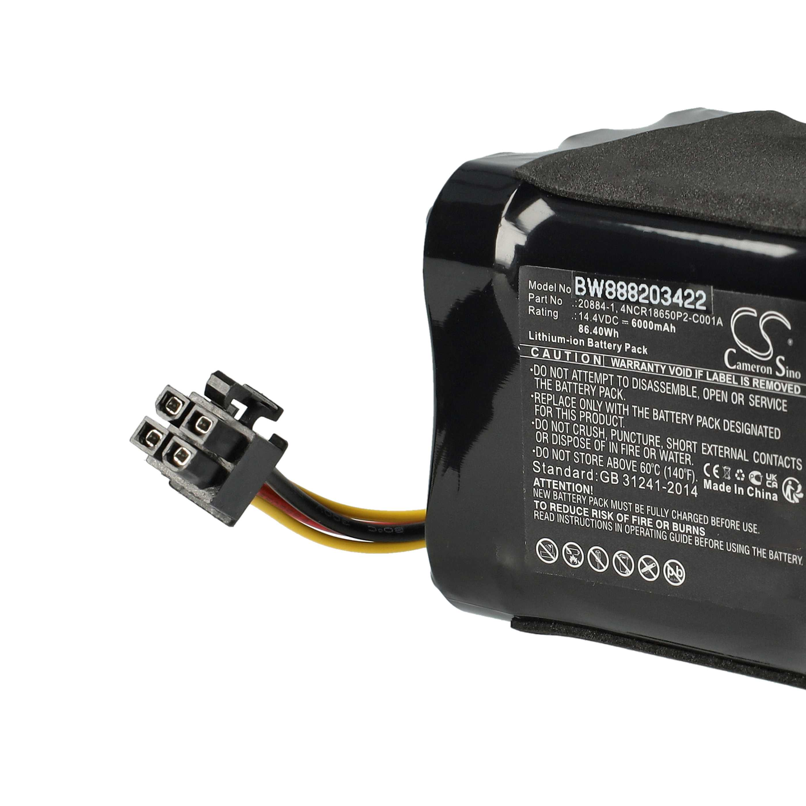 Schwarzer Akku mit Etikett, Stecker und Kabeln. Text enthält Modellnummer, Bewertung und Warnungen.