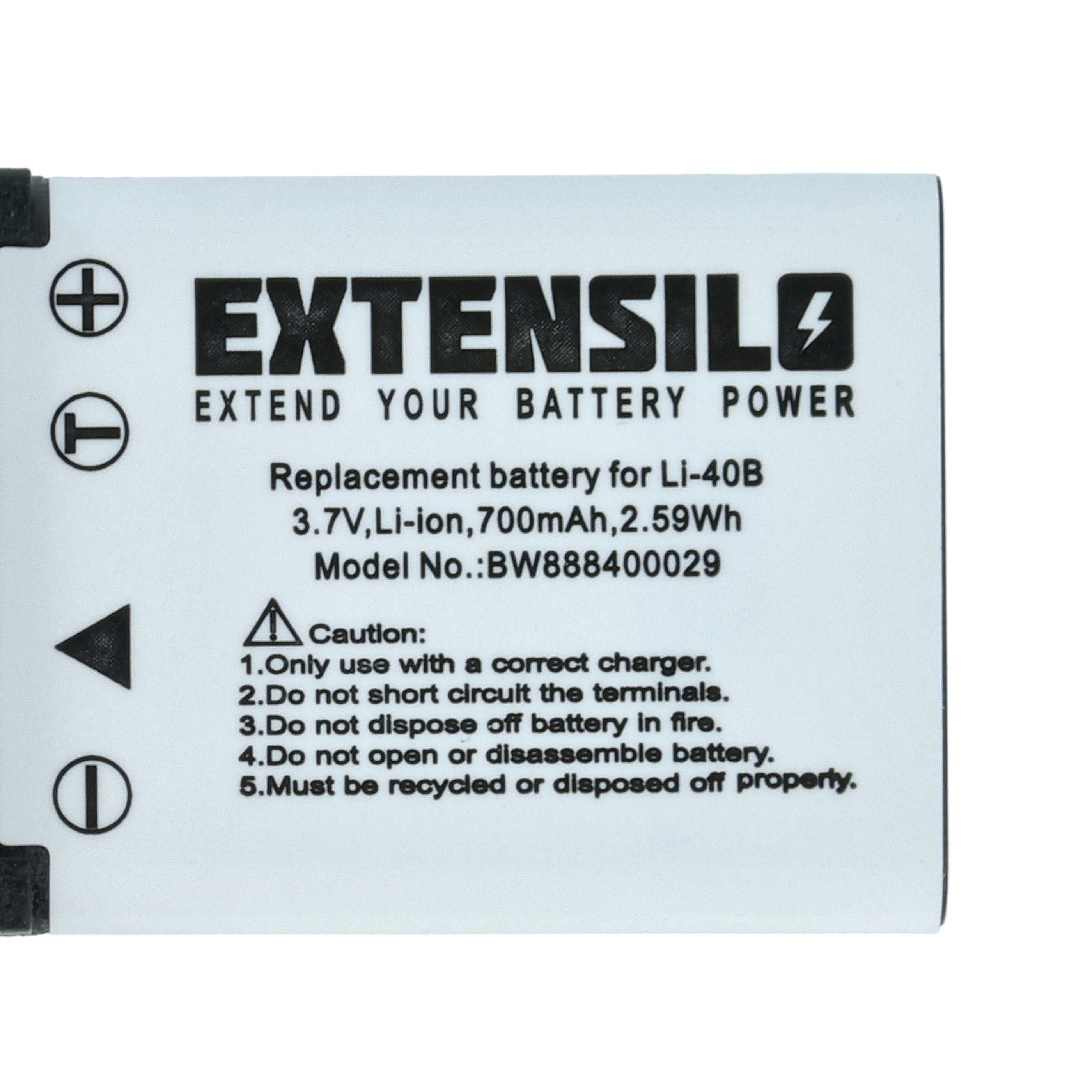 Weiße Batterie mit schwarzem Text. Es steht EXTENSILO, 3,7V und Vorsicht. Symbole sind +, -, und ein Dreieck.