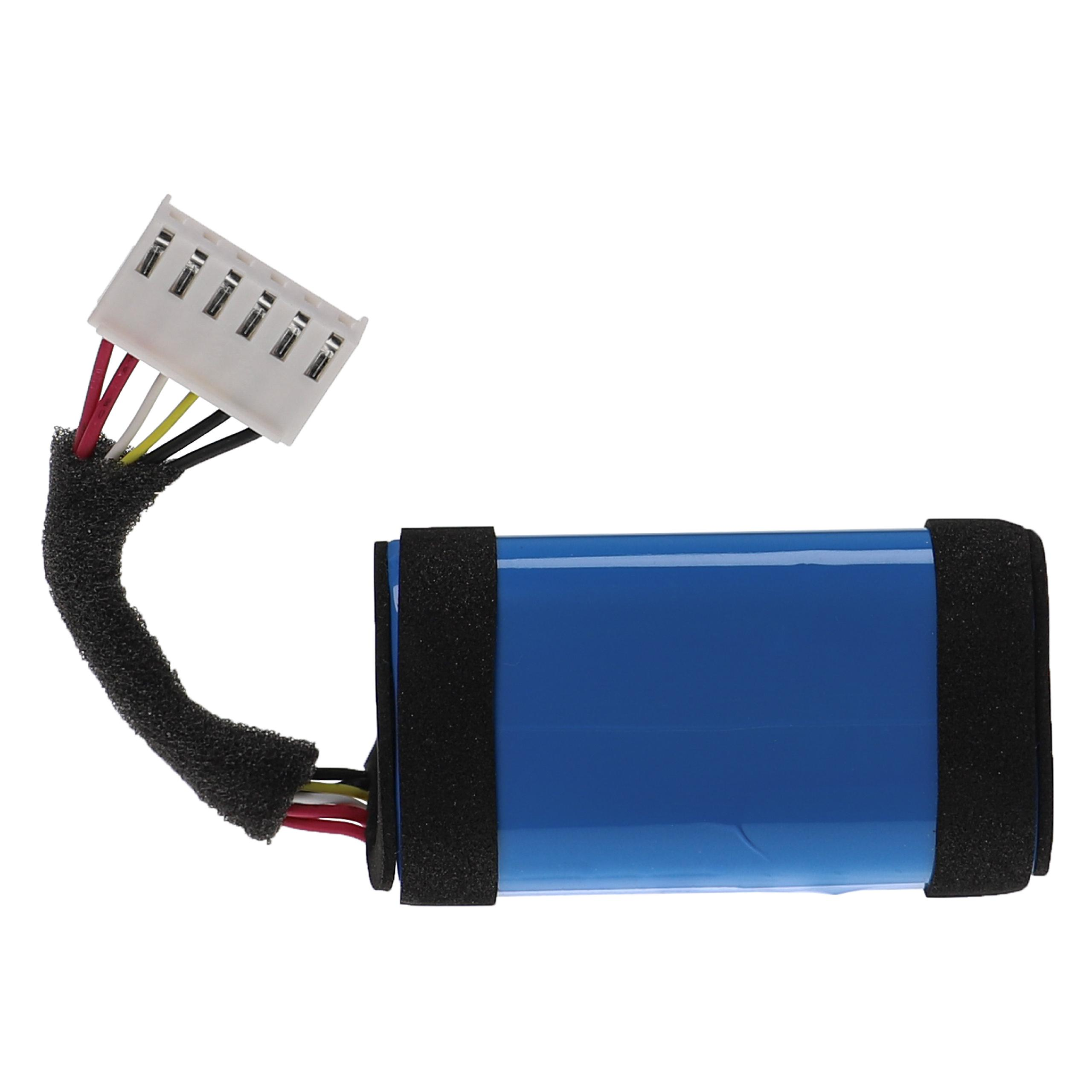 Ein blauer Akku mit schwarzem Schaumstoff. Weißer Stecker mit Drähten. Drähte sind rot, gelb, schwarz und weiß.