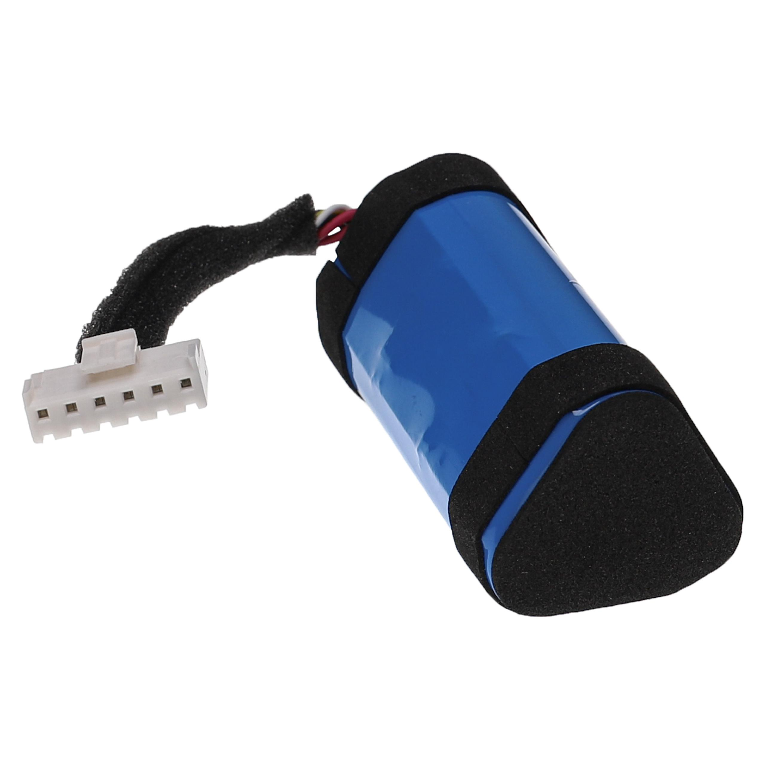 Ein blaues Batteriepack mit schwarzer Schaumstoffpolsterung, einem weißen Stecker und schwarzen Kabeln auf weißem Hintergrund.