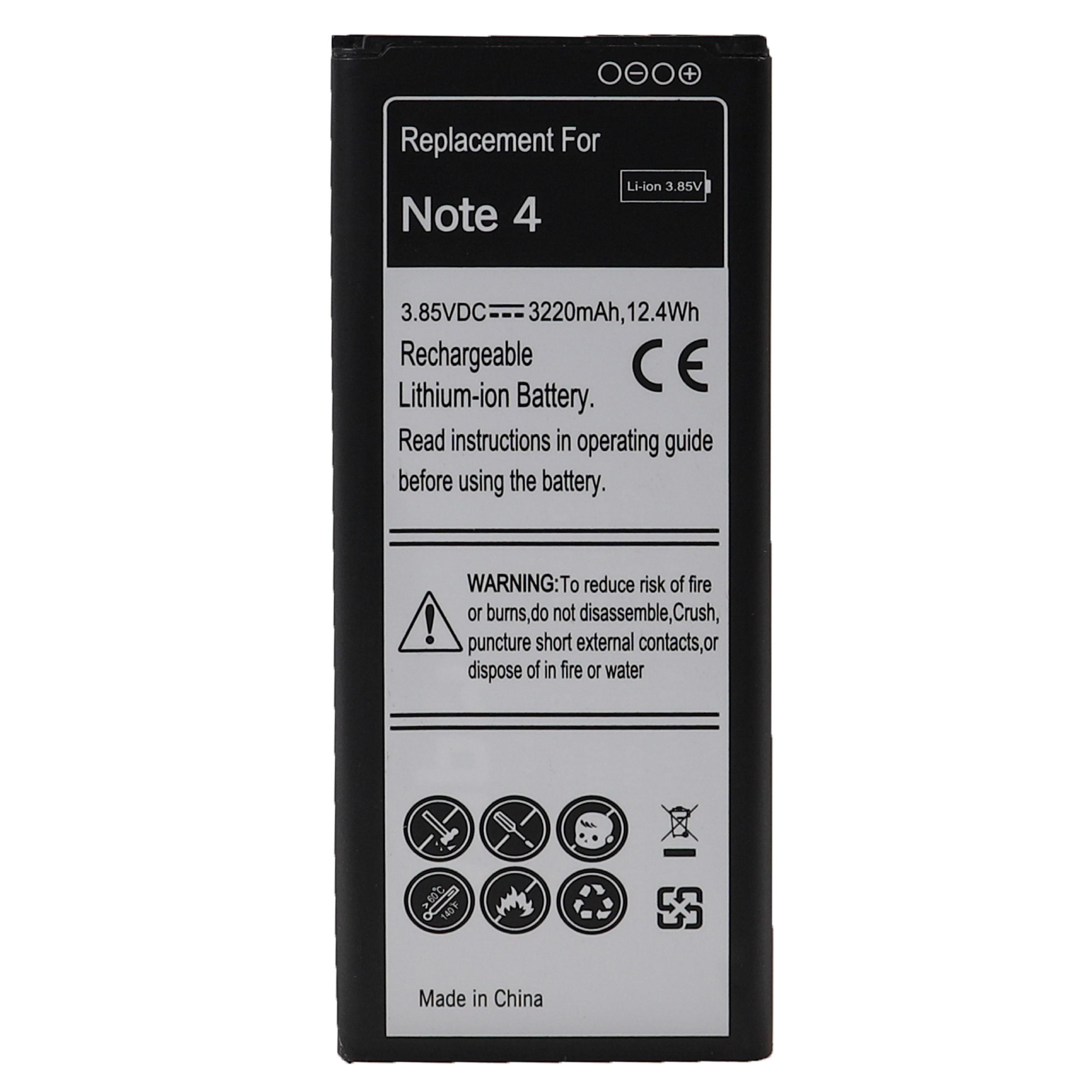 Ein schwarzer rechteckiger Akku mit Text, darunter "Note 4", "Lithium-Ionen-Akku" und Sicherheitshinweise.