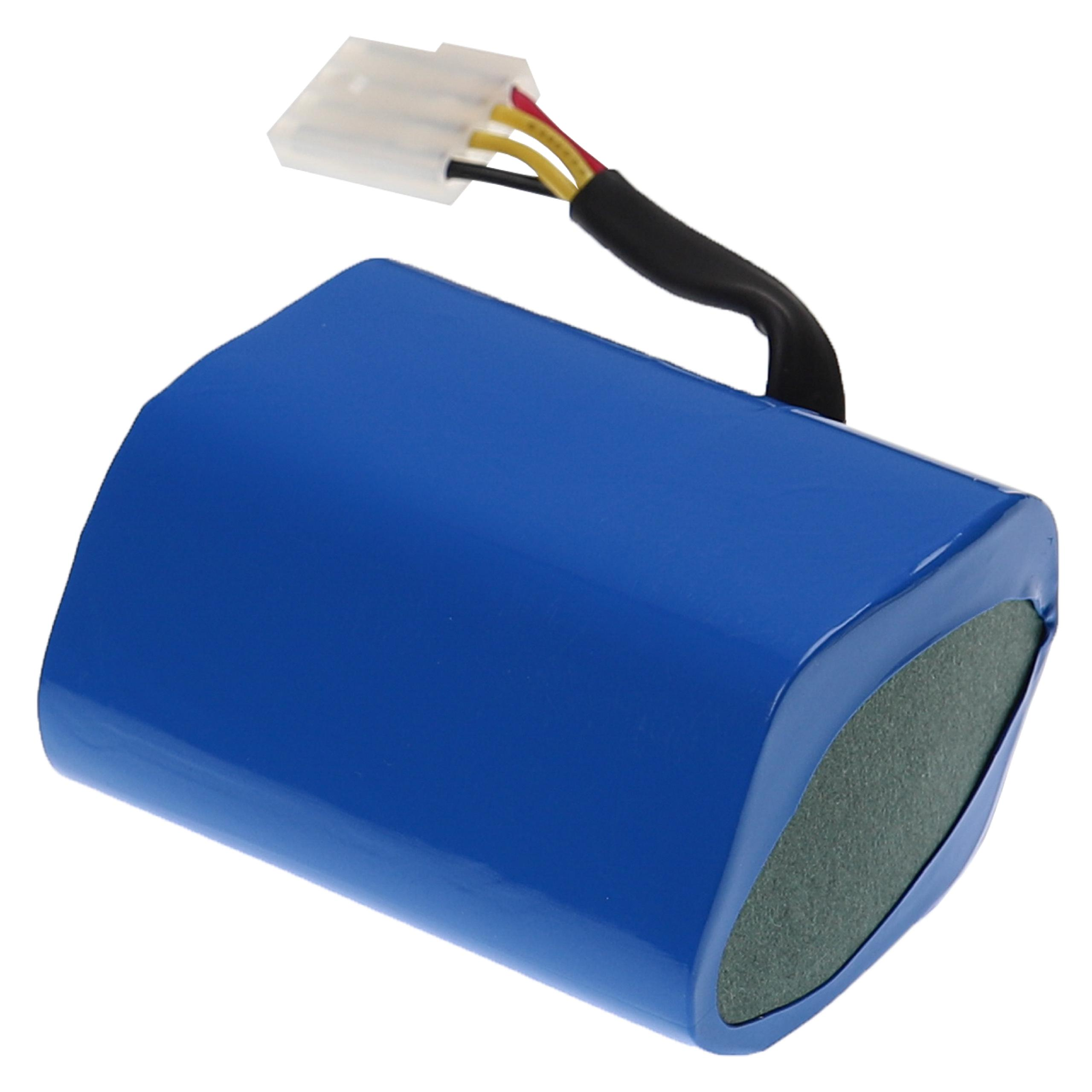 Ein blaues Akkupack mit schwarzem Draht und Stecker. Der Stecker hat gelbe, rote und schwarze Drähte.