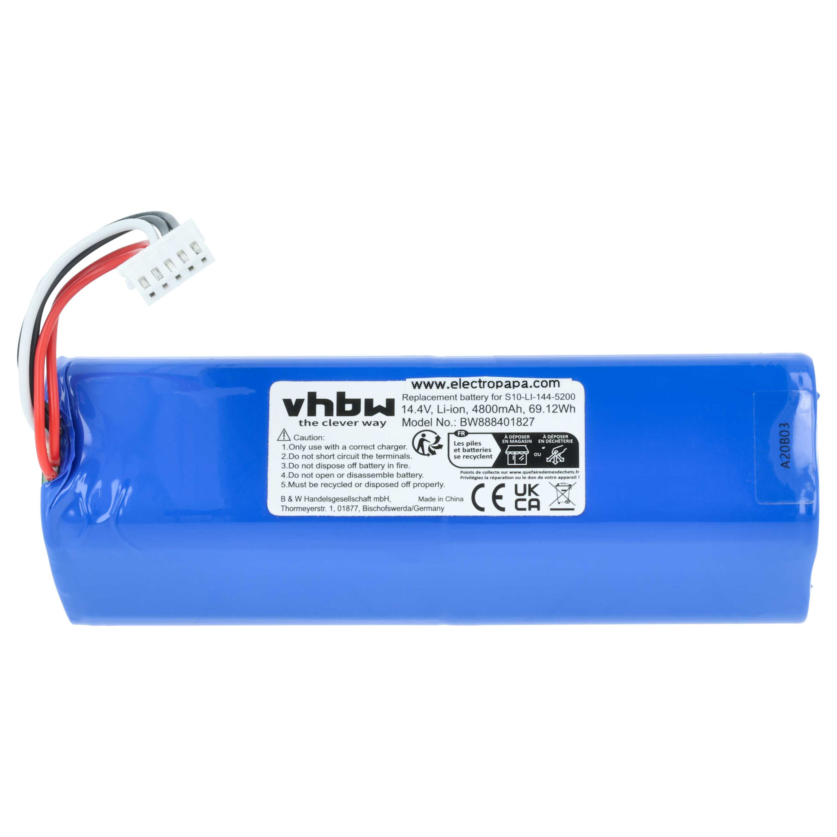 Ein blaues Batteriemodul mit Kabeln. Aufschrift: 'vhbw', 'www.electropapa.com'. Warnhinweise und technische Daten.