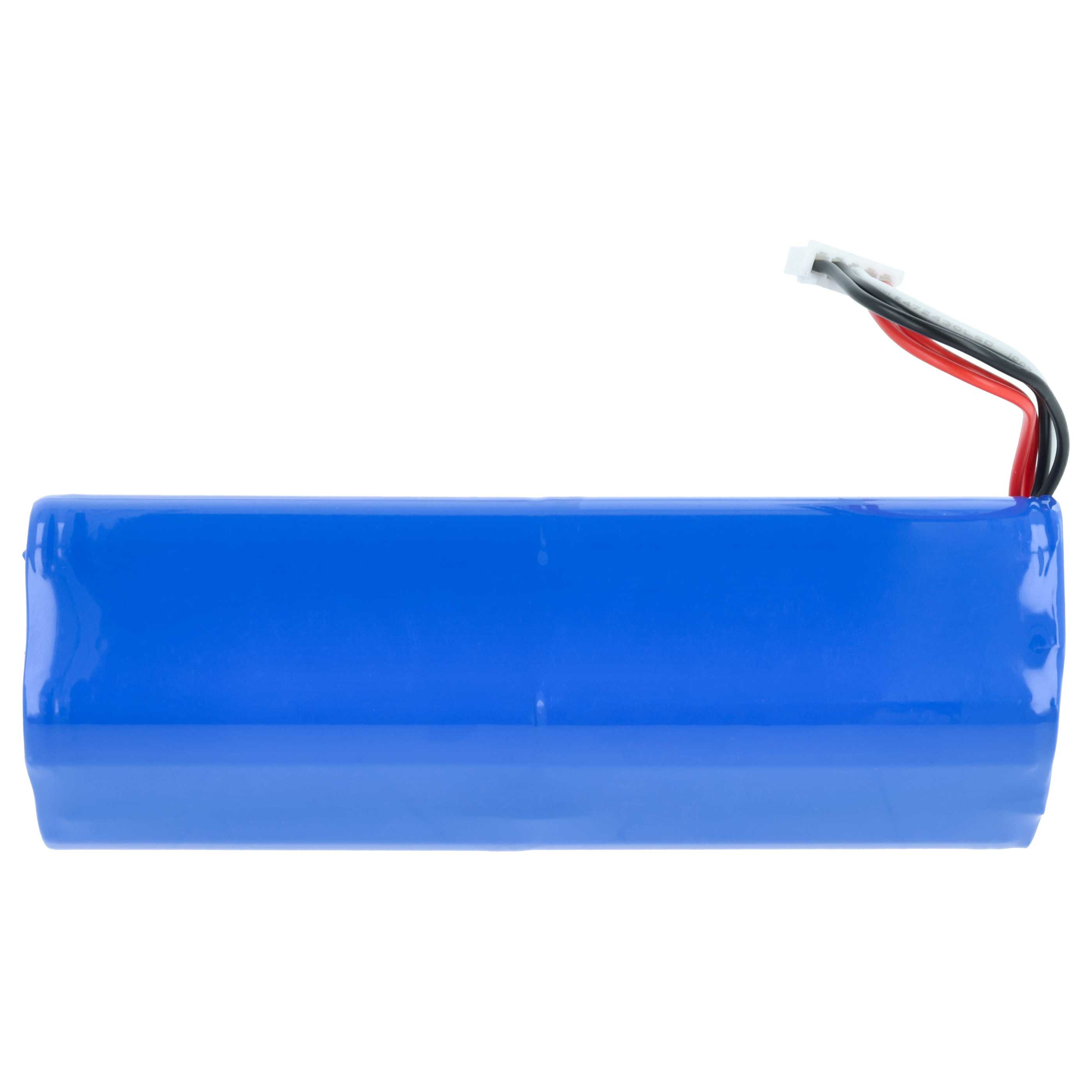 Ein blauer Akku mit weißem Stecker und schwarzen, roten und weißen Drähten auf weißem Hintergrund.