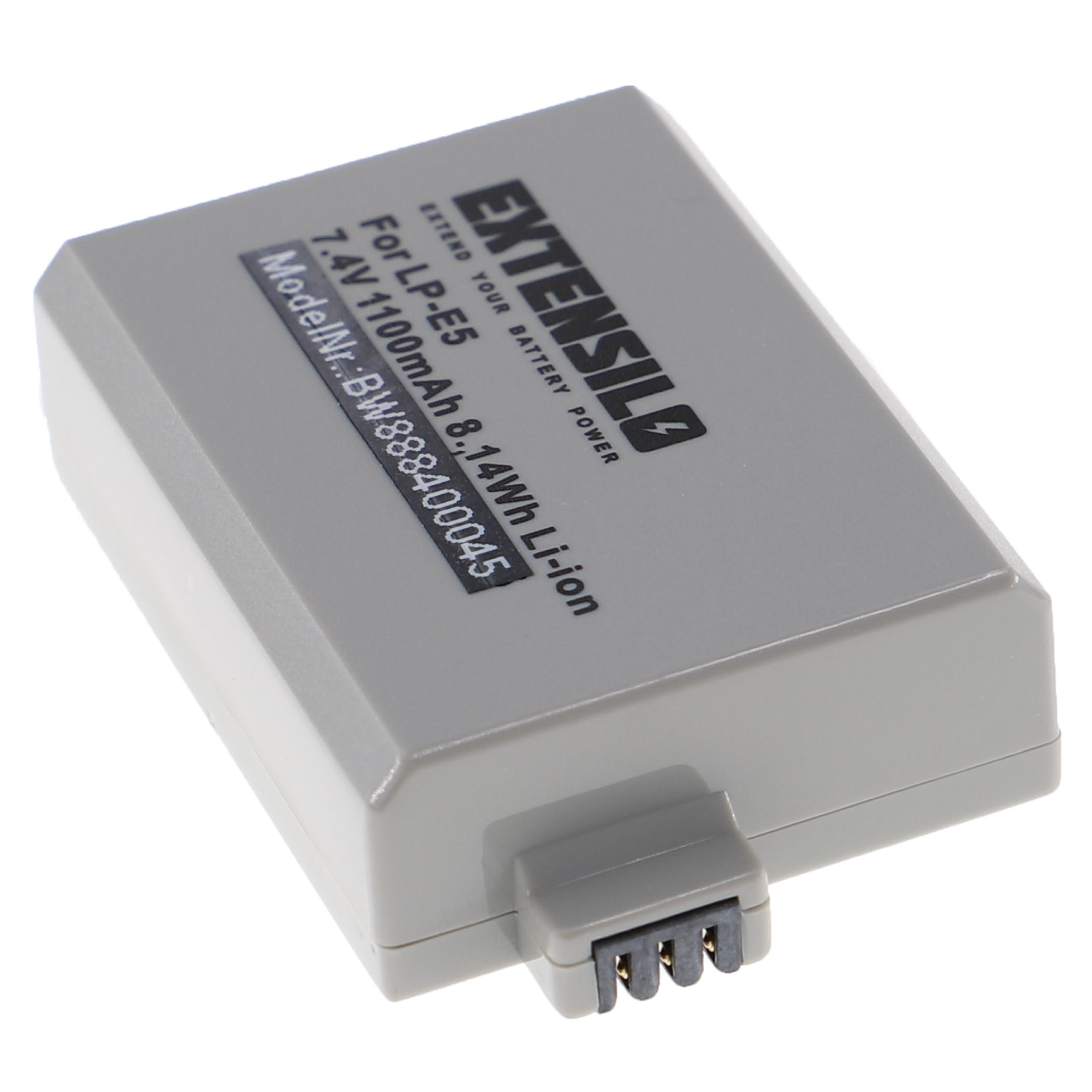Ein grauer Akku mit der Aufschrift 'EXTENSILO' und Text: 'For LP-E5, 7.4V 1100mAh 8.14Wh Li-ion, ModelNr.: BW888400045'.