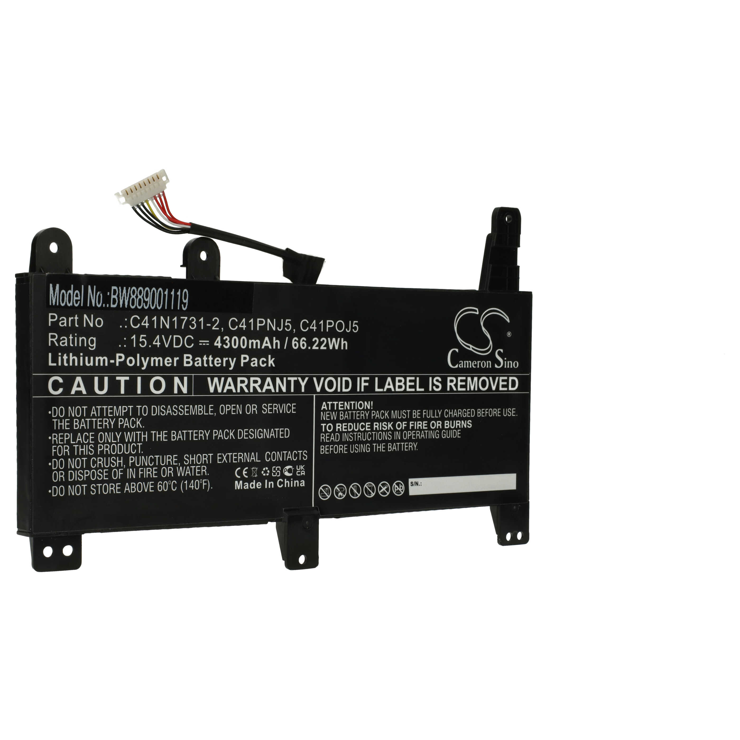 Schwarzer Akku mit weißem Text, angebrachten Drähten und einem Stecker. Weißer Hintergrund.