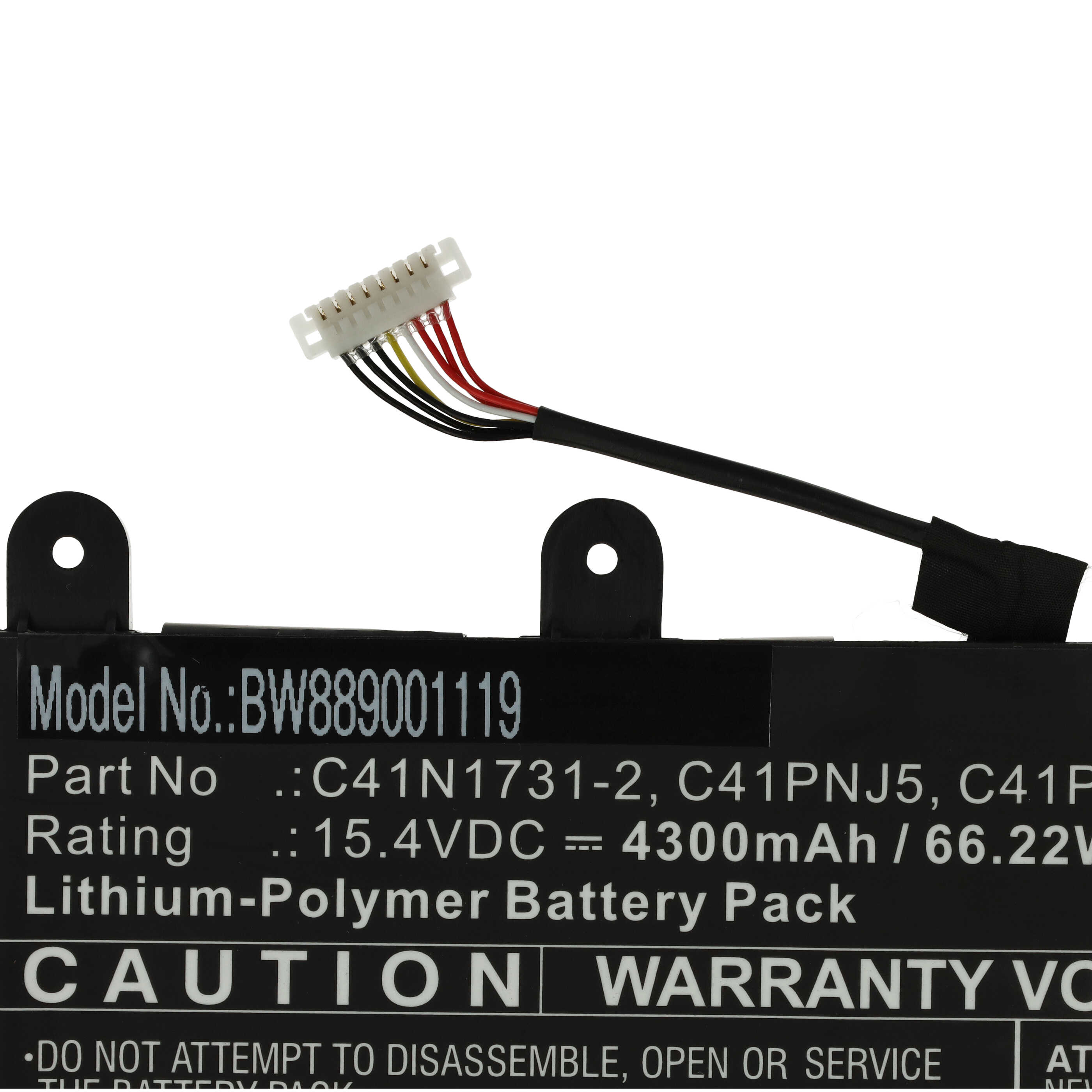Ein schwarzes Akkupack mit weißem Stecker und verschiedenfarbigen Drähten. Text enthält Modell- und Teilenummern.