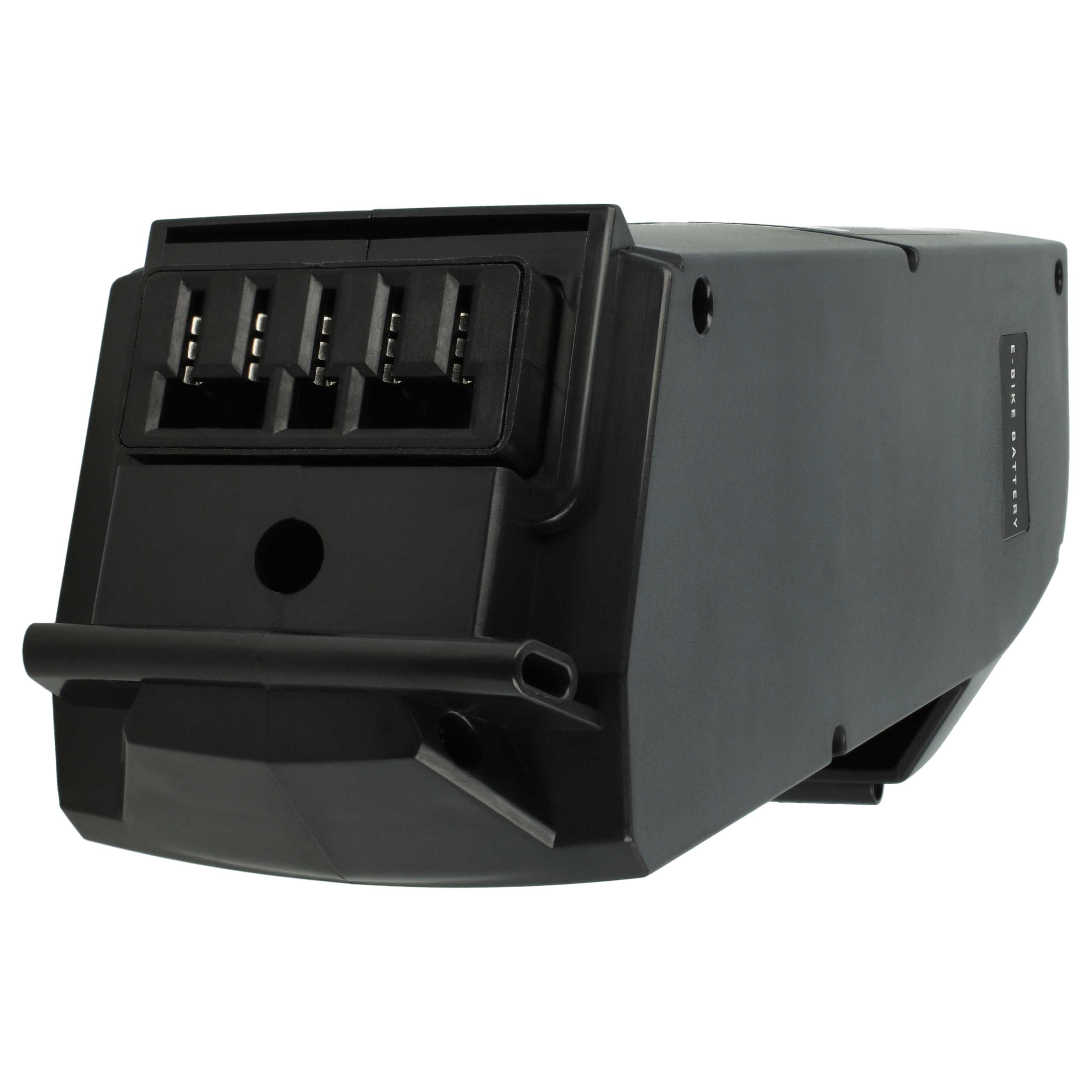 Schwarzer E-Bike-Akku auf weißem Hintergrund. Mit Ladeanschlüssen und der Aufschrift 'E-BIKE BATTERY'.