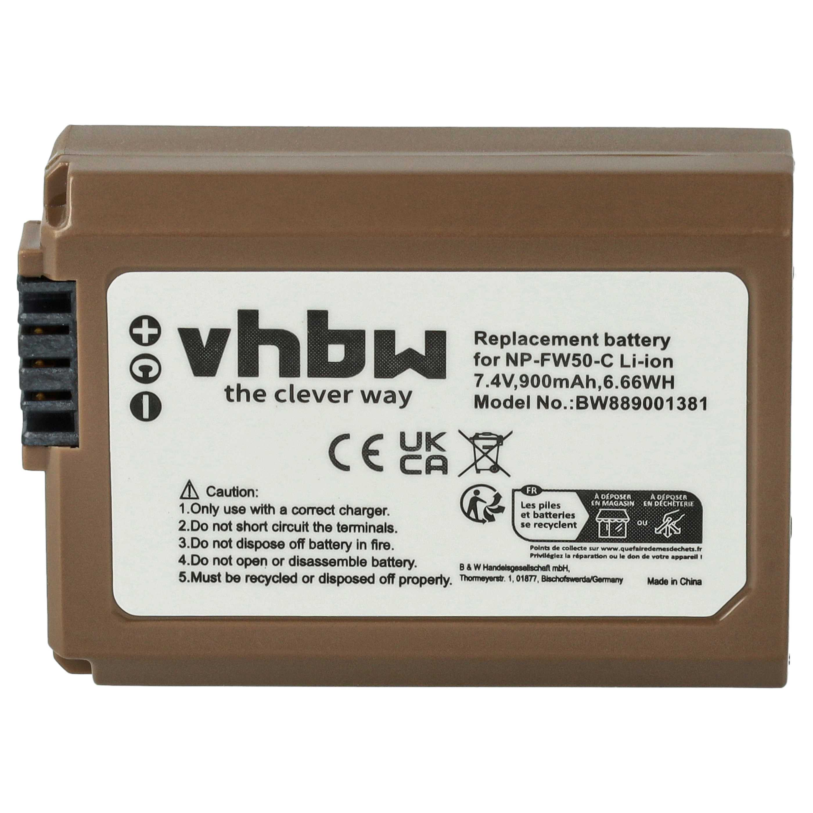 Brauner Akku mit weißem Etikett und schwarzem Text. Es steht vhbw, Vorsichtshinweise und Recycling-Symbole.