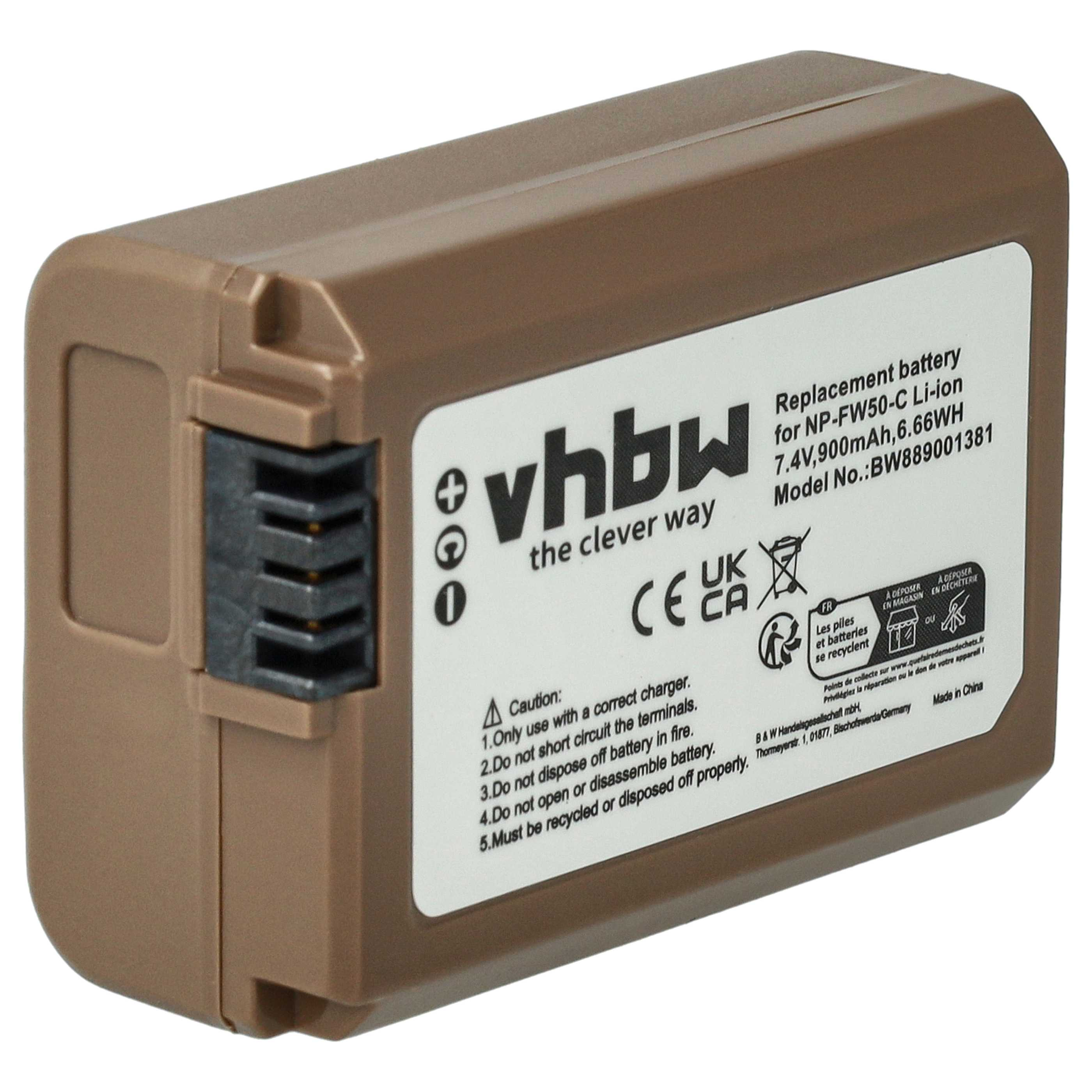 Ein brauner vhbw-Ersatzakku für eine Kamera. Er hat ein Warnschild mit Anweisungen und Recyclingsymbolen.