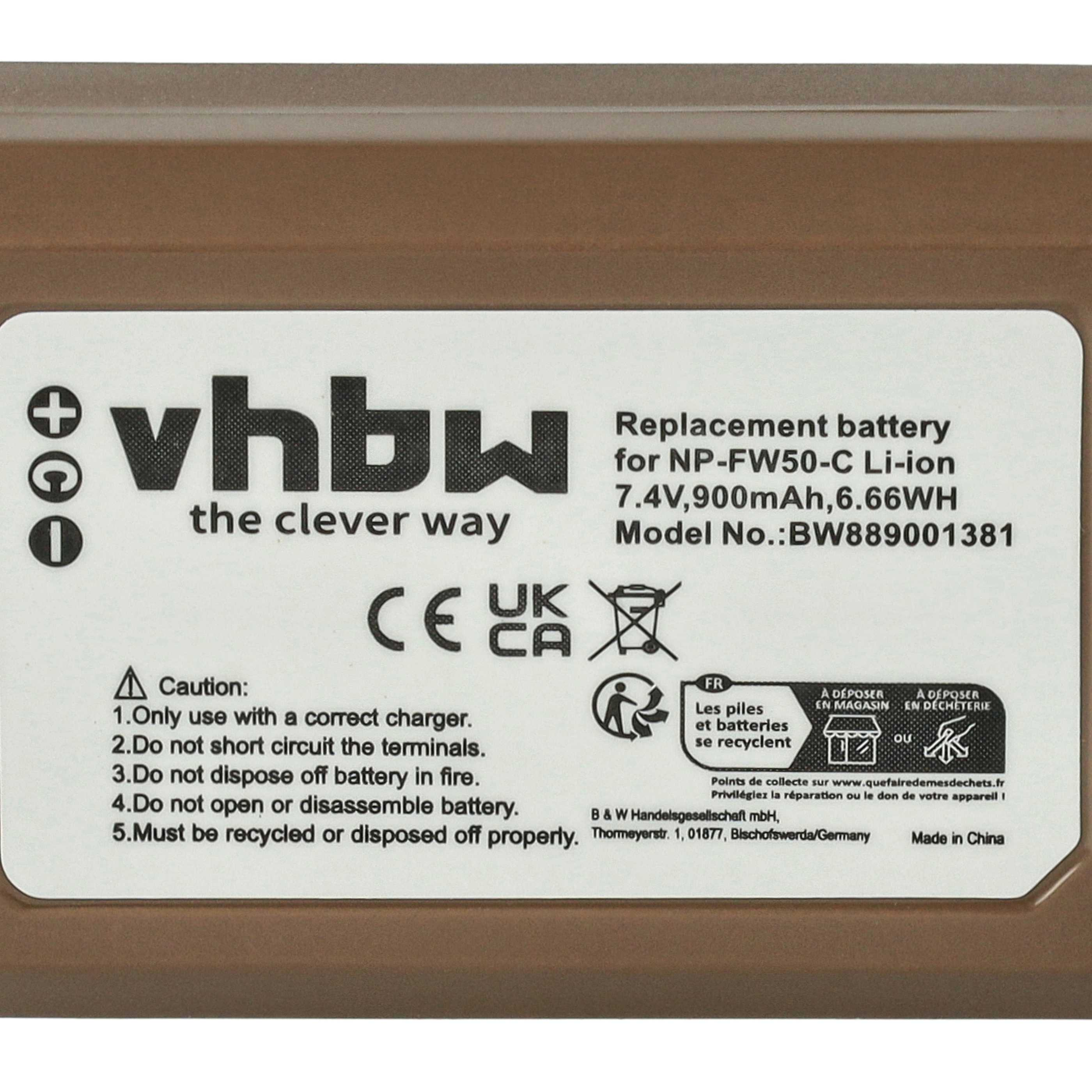 Ein braunes Rechteck mit Text. Es steht 'vhbw the clever way' und 'Ersatzbatterie'. Verschiedene Warnhinweise und Recycling-Symbole sind vorhanden.