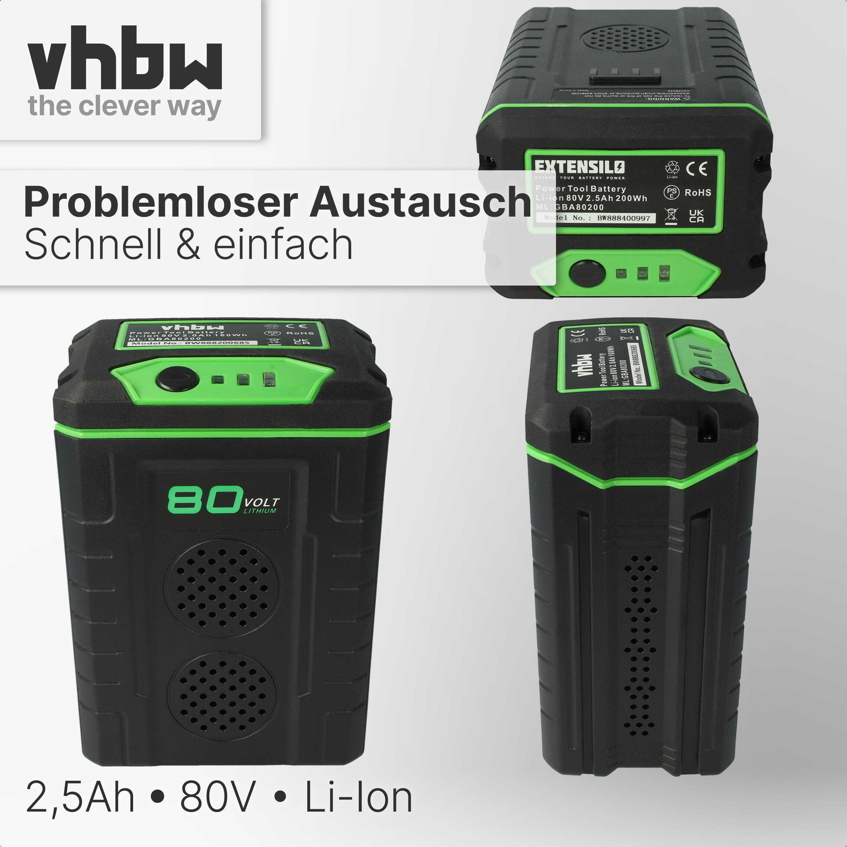 Das Bild zeigt drei schwarz-grüne Elektrowerkzeugbatterien mit Text und Logos. Der Text enthält 'vhbw' und '80 Volt'.