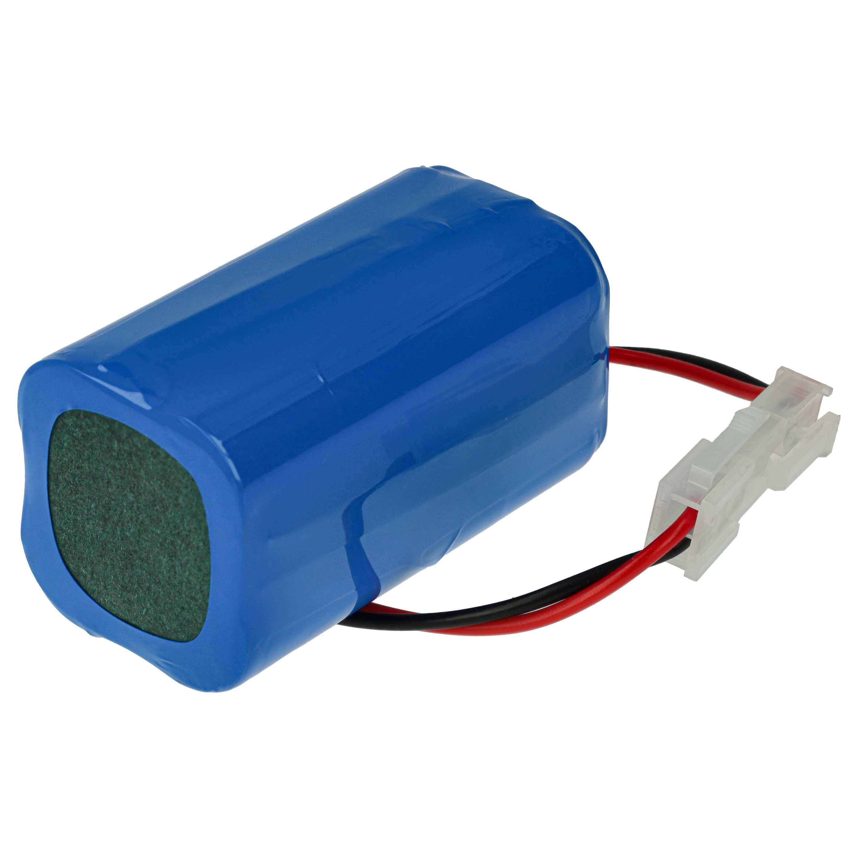 Eine blaue zylindrische Batterie mit Drähten und einem weißen Stecker wird vor weißem Hintergrund gezeigt.
