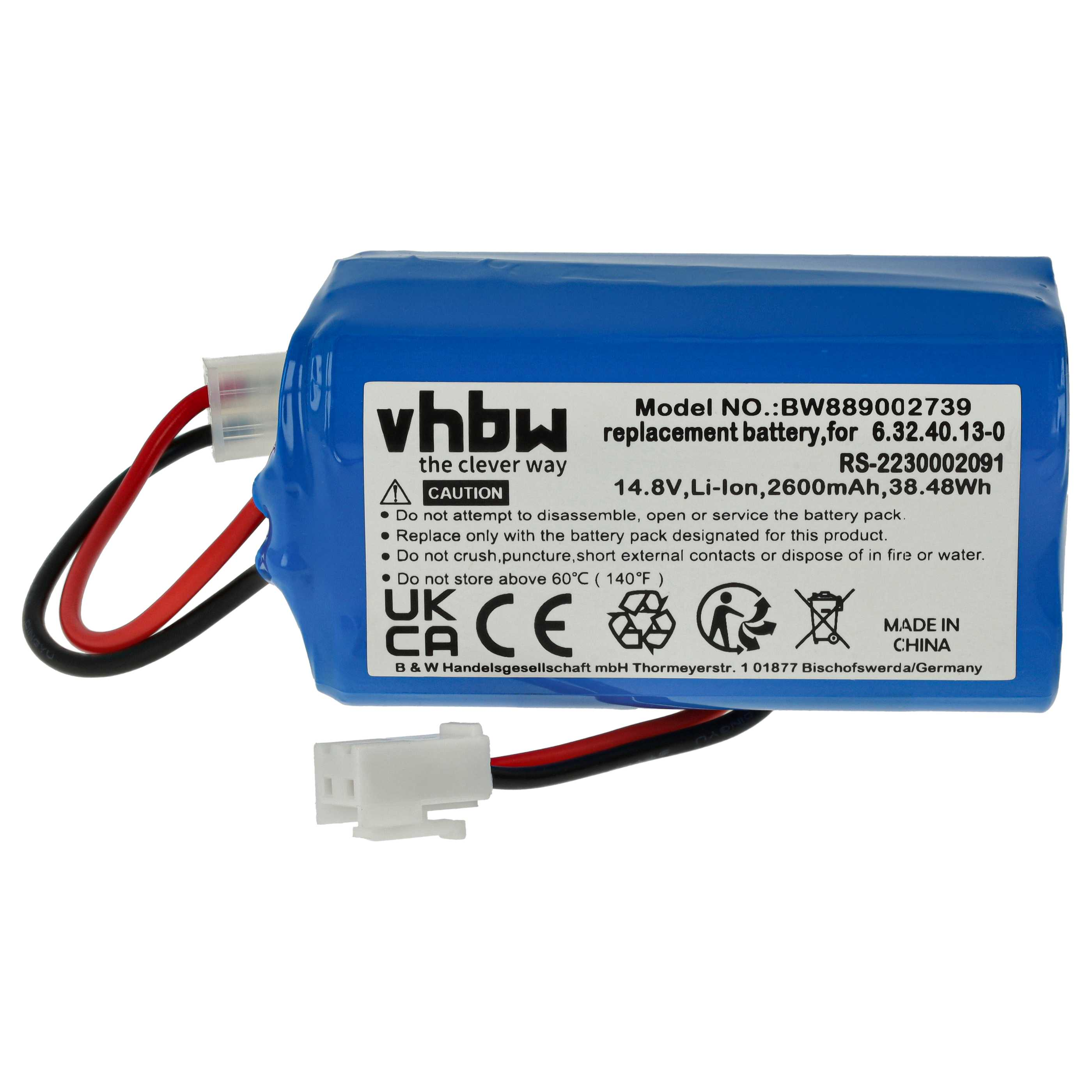 Blauer Akku mit Text und weißem Stecker. Rote und schwarze Drähte gehen vom Stecker aus.
