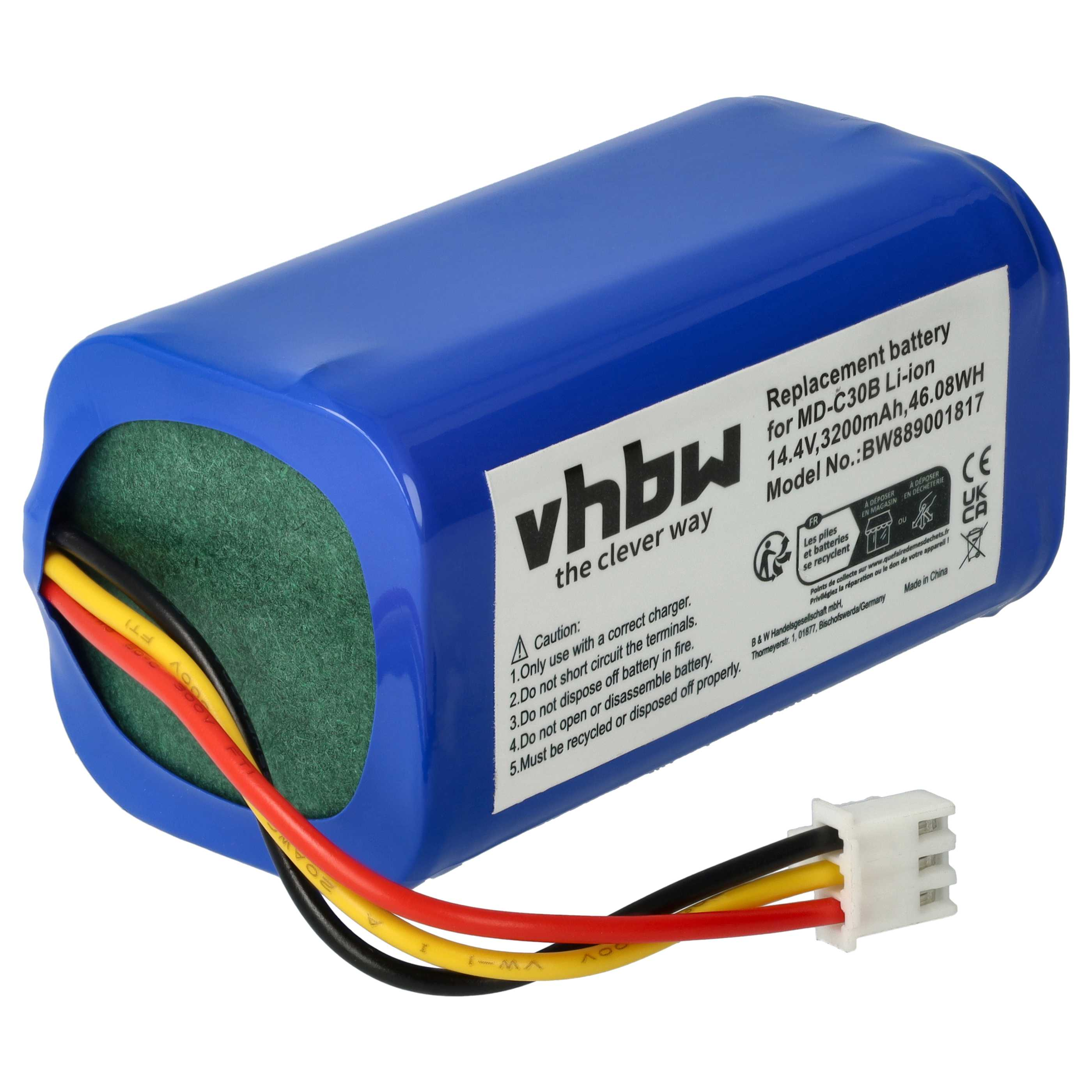 Ein blauer Akku mit Drähten und einem weißen Stecker. Er hat ein Etikett mit Text und Warnhinweisen.