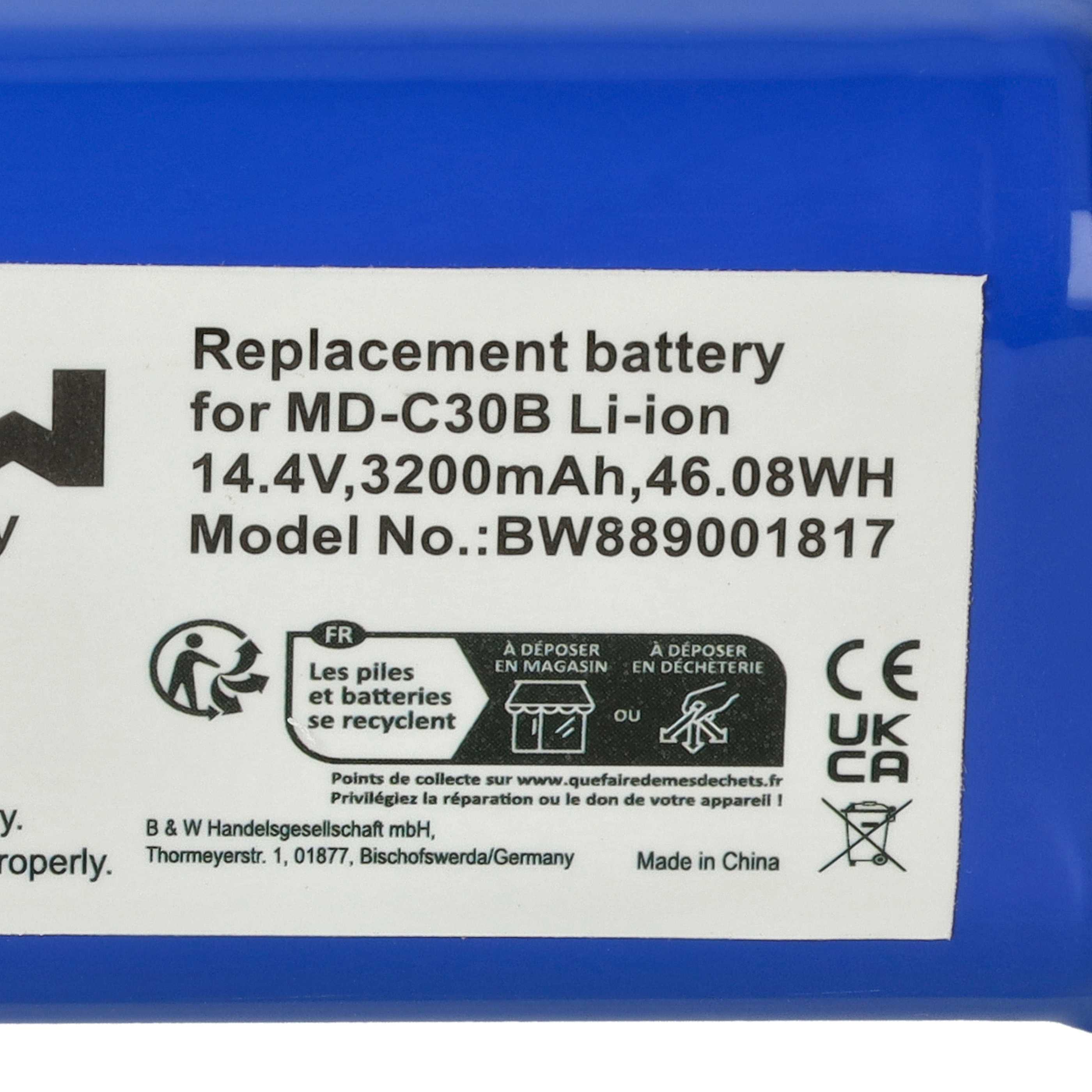 Ein Etikett auf blauem Untergrund mit Text über eine Ersatzbatterie, einschließlich Modellspezifikationen und Recyclingsymbolen.