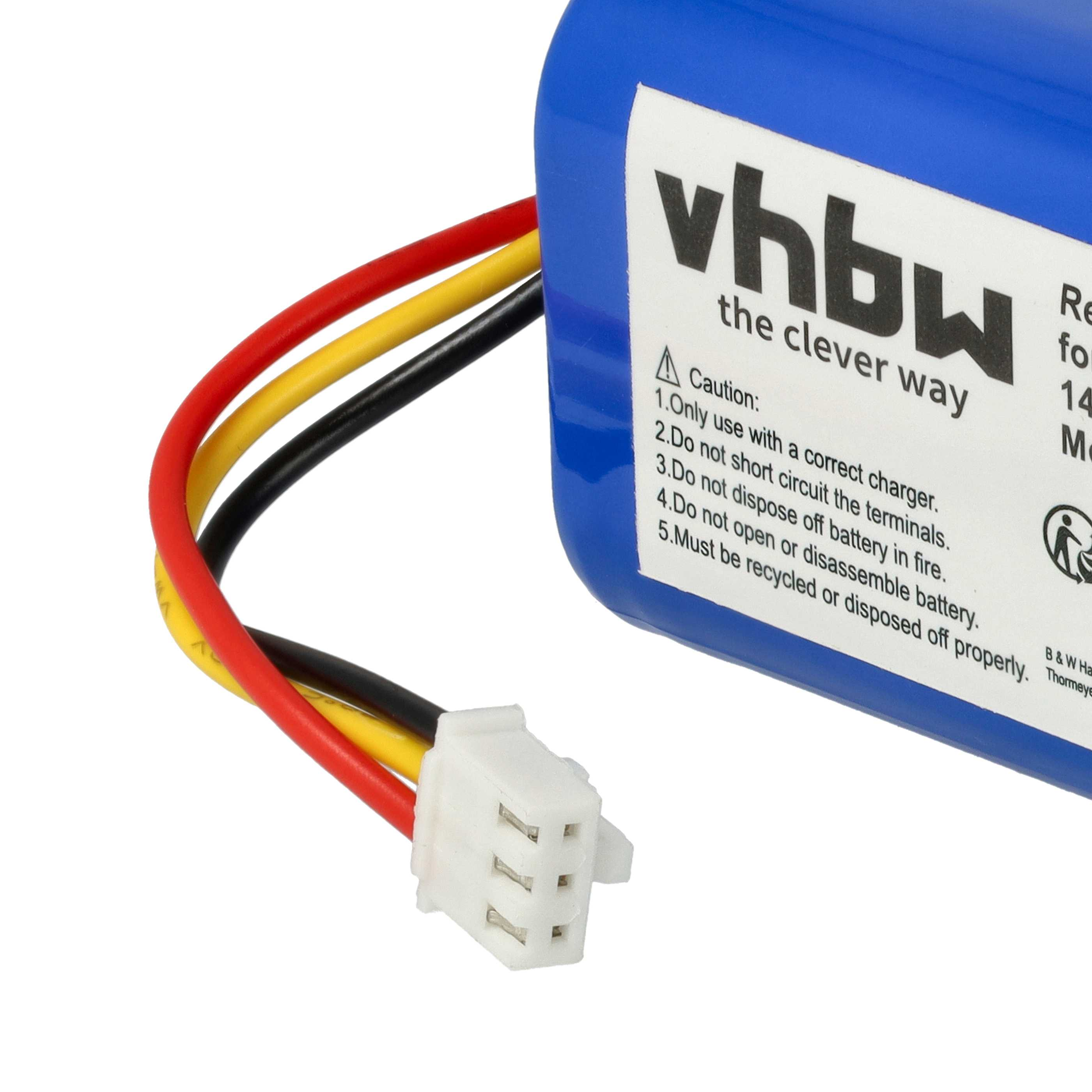 Ein blauer Akku mit roten, gelben und schwarzen Drähten. Er hat einen Stecker und ein Etikett mit Warnhinweisen.