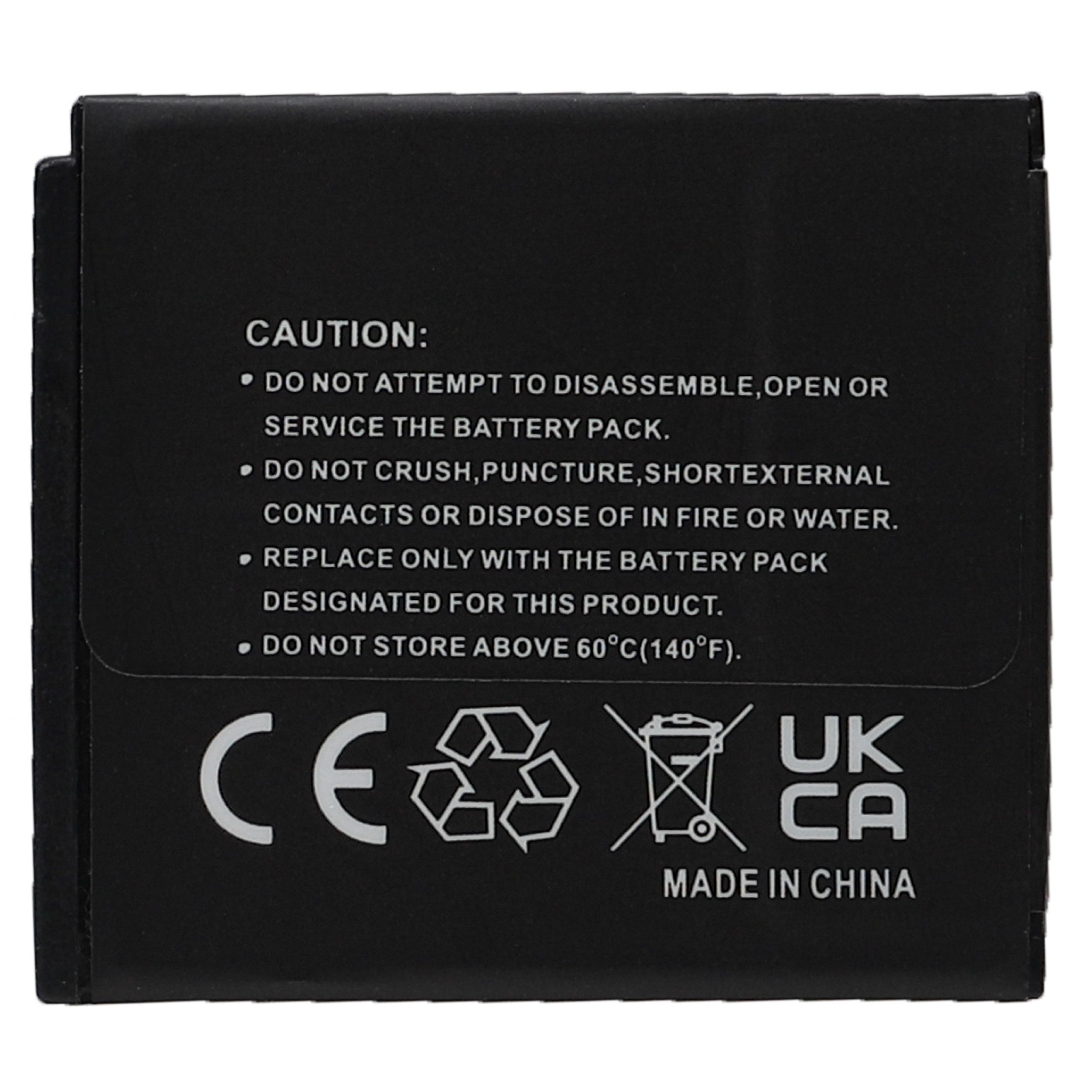 Schwarzer Akku mit weißem Text, einschließlich Warnhinweisen, CE, Recyclingsymbol und UK CA Made in China.