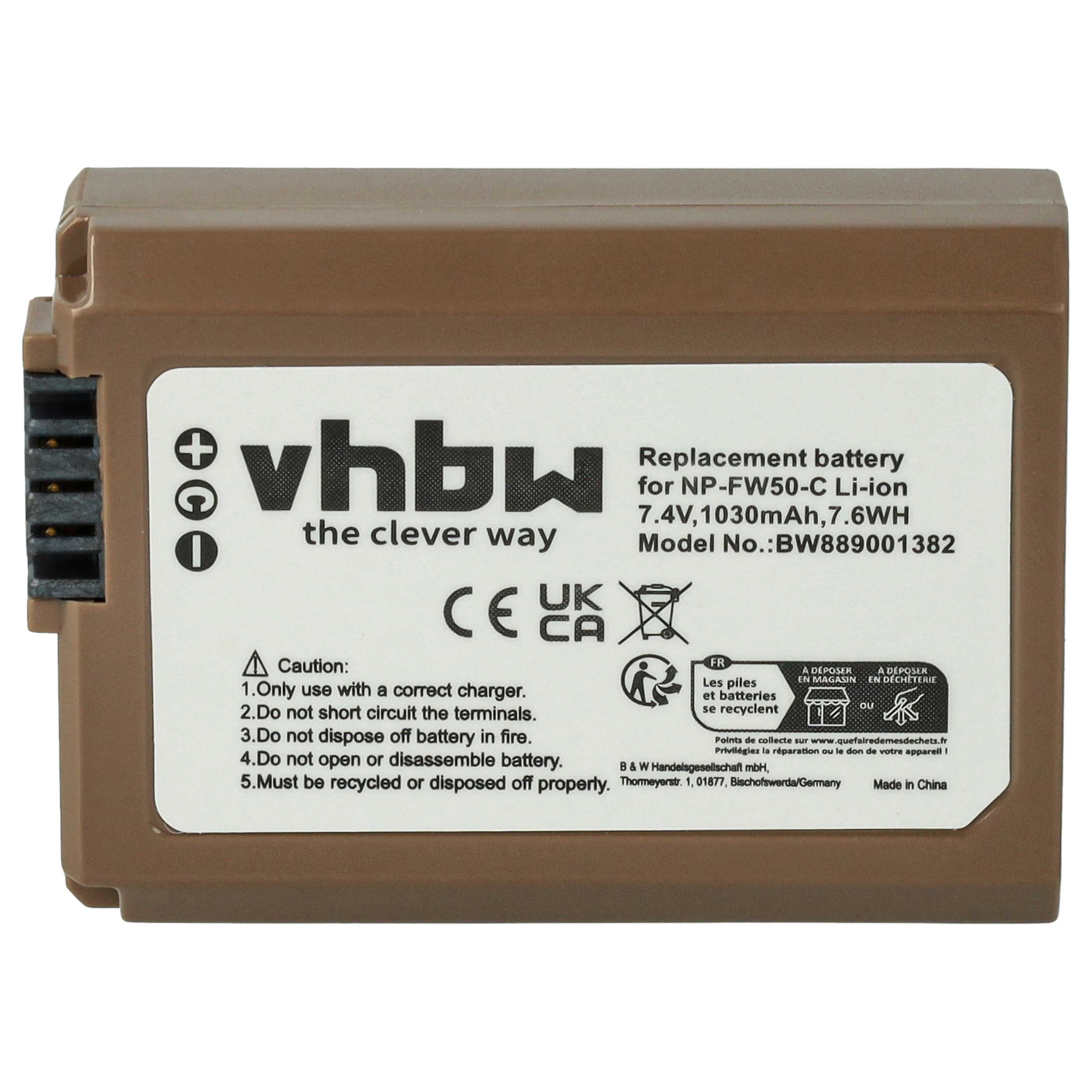 Ein brauner Akku mit Text. Er trägt die Aufschrift vhbw, enthält Nutzungshinweise und Recycling-Symbole. Hergestellt in China.