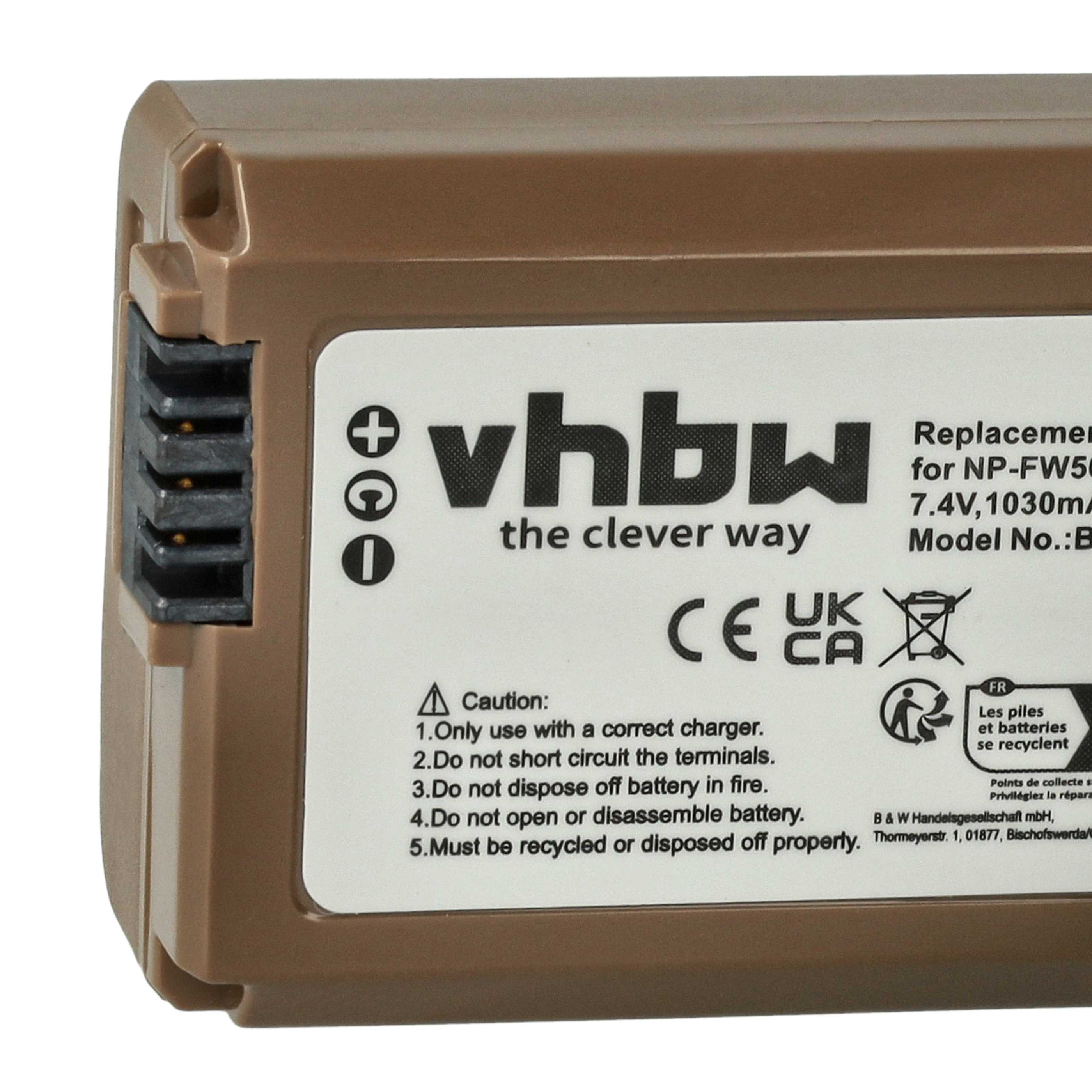 Ein brauner Akku mit schwarzem Text. Die Marke 'vhbw' ist sichtbar. Enthält eine Warnung zum Recycling.