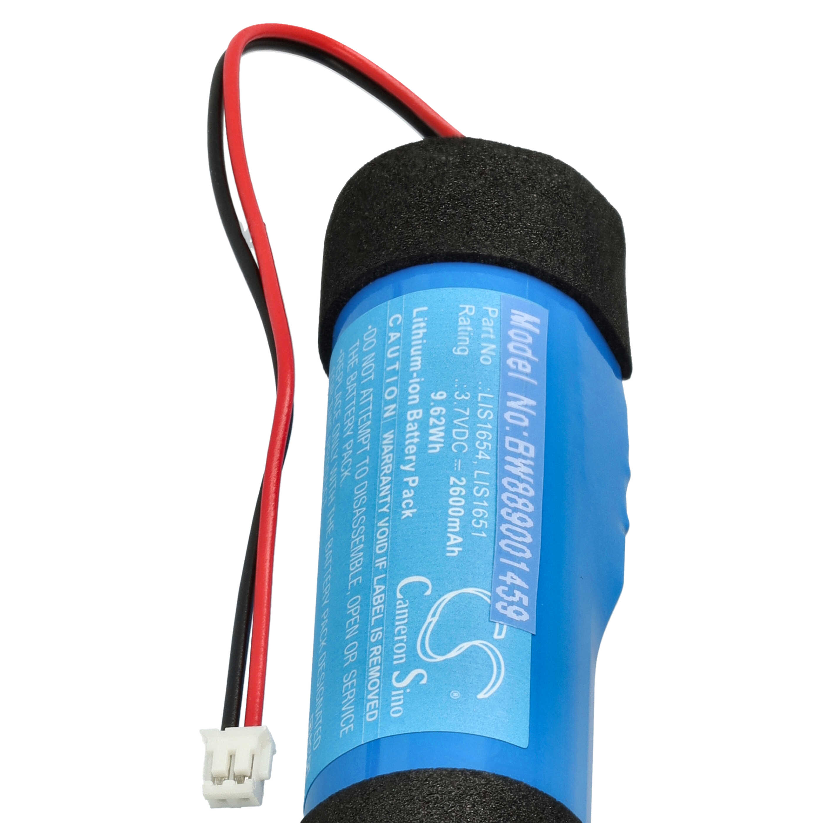 Ein blauer Akku mit schwarzem Schaumstoffaufsatz hat rote und schwarze Drähte, die mit einem weißen Stecker verbunden sind.