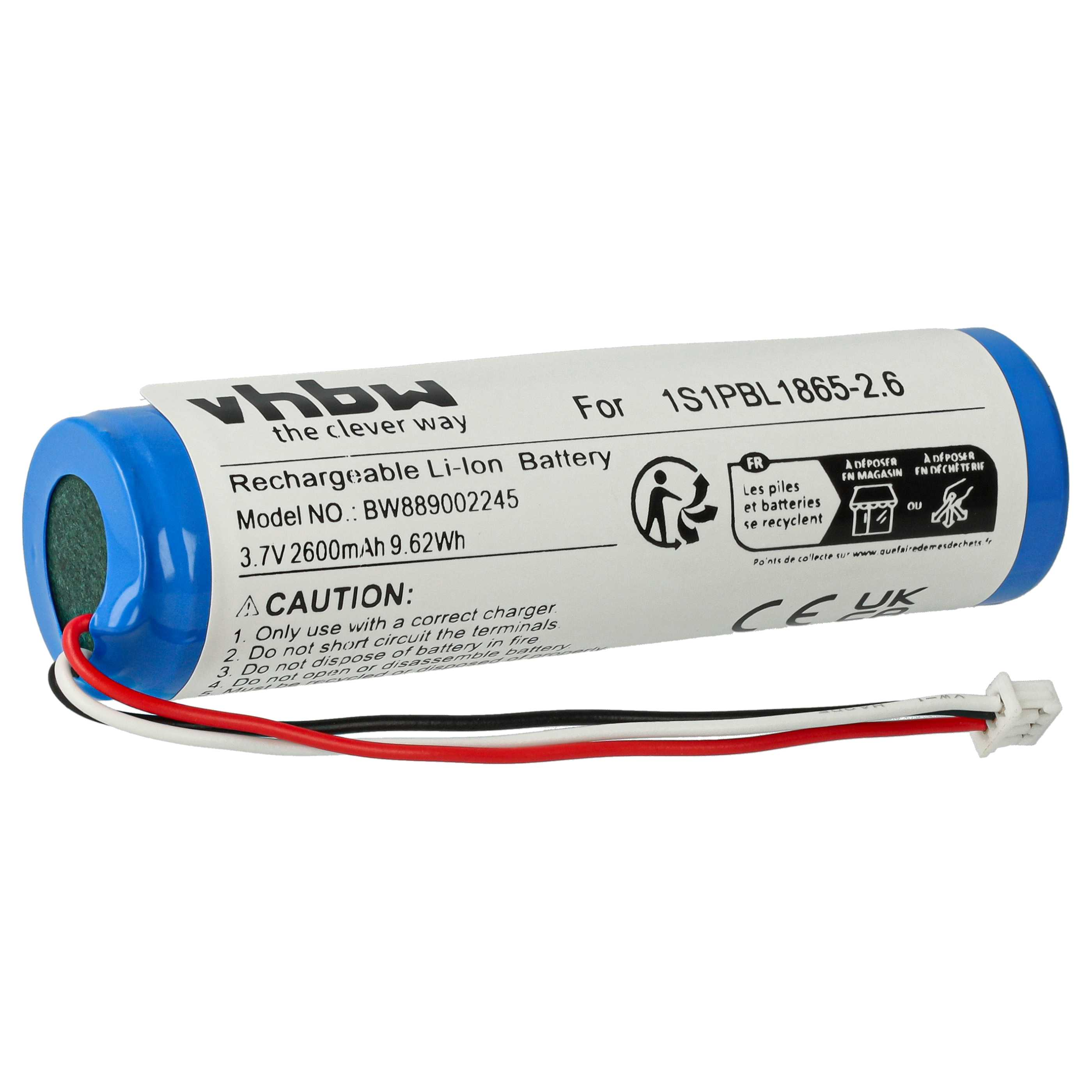 Eine zylindrische Batterie mit blau-weißen Etiketten, schwarzen, weißen und roten Drähten und einem weißen Stecker.