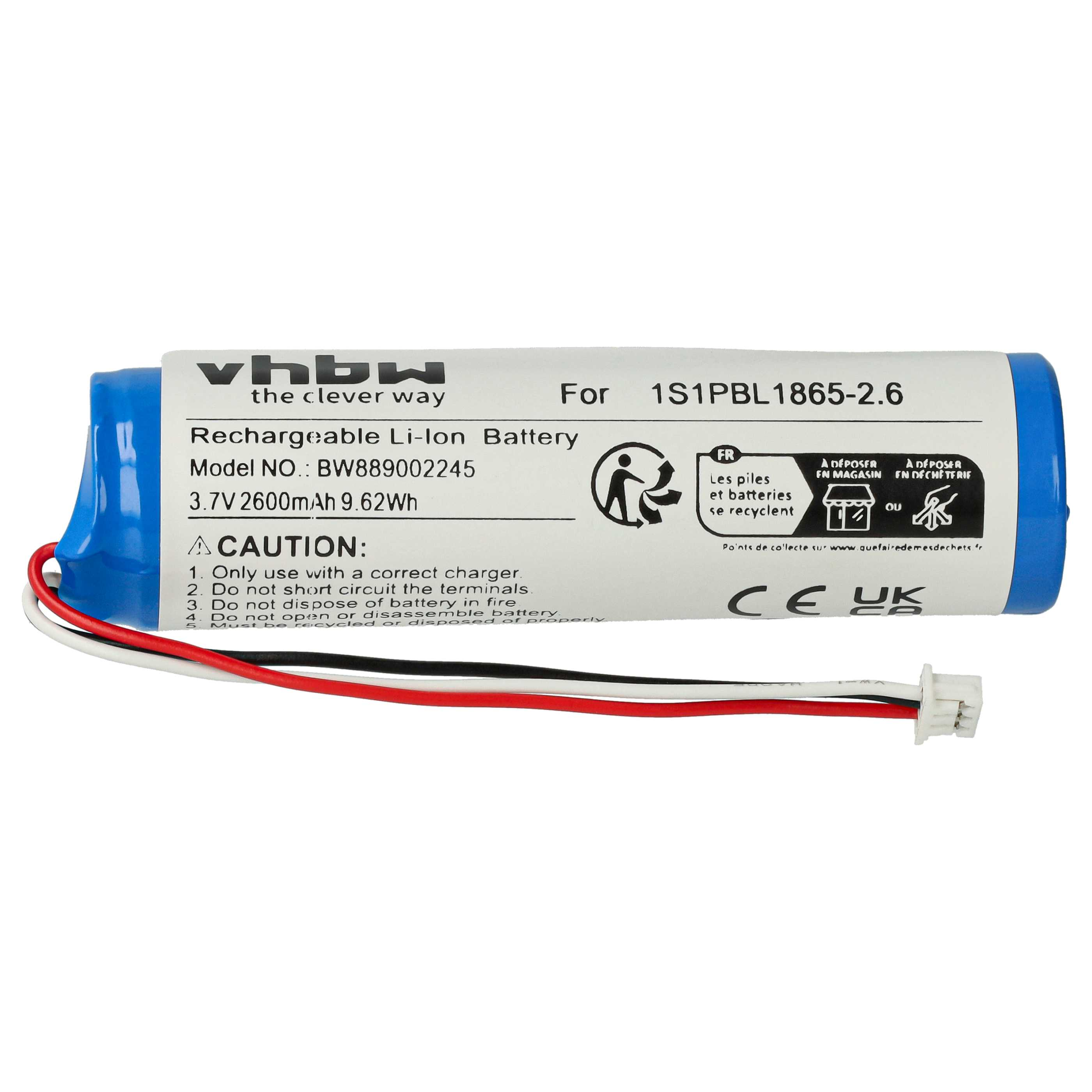 Ein blau-weißer, wiederaufladbarer Li-Ionen-Akku mit Text, Drähten und einem Stecker. Der Akku ist mit Sicherheitshinweisen versehen.