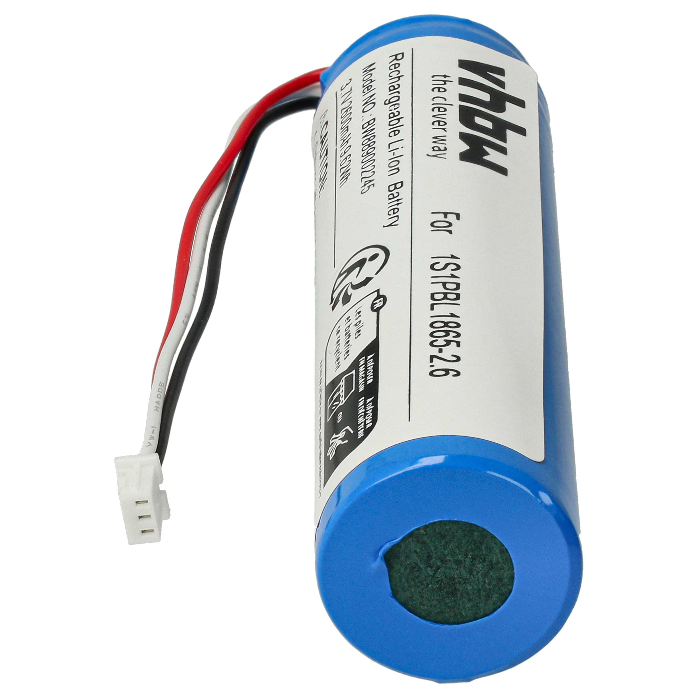 Eine wiederaufladbare Li-Ionen-Batterie ist abgebildet. Sie hat ein blaues Gehäuse und ein weißes Etikett. Drähte mit Anschluss sind befestigt.