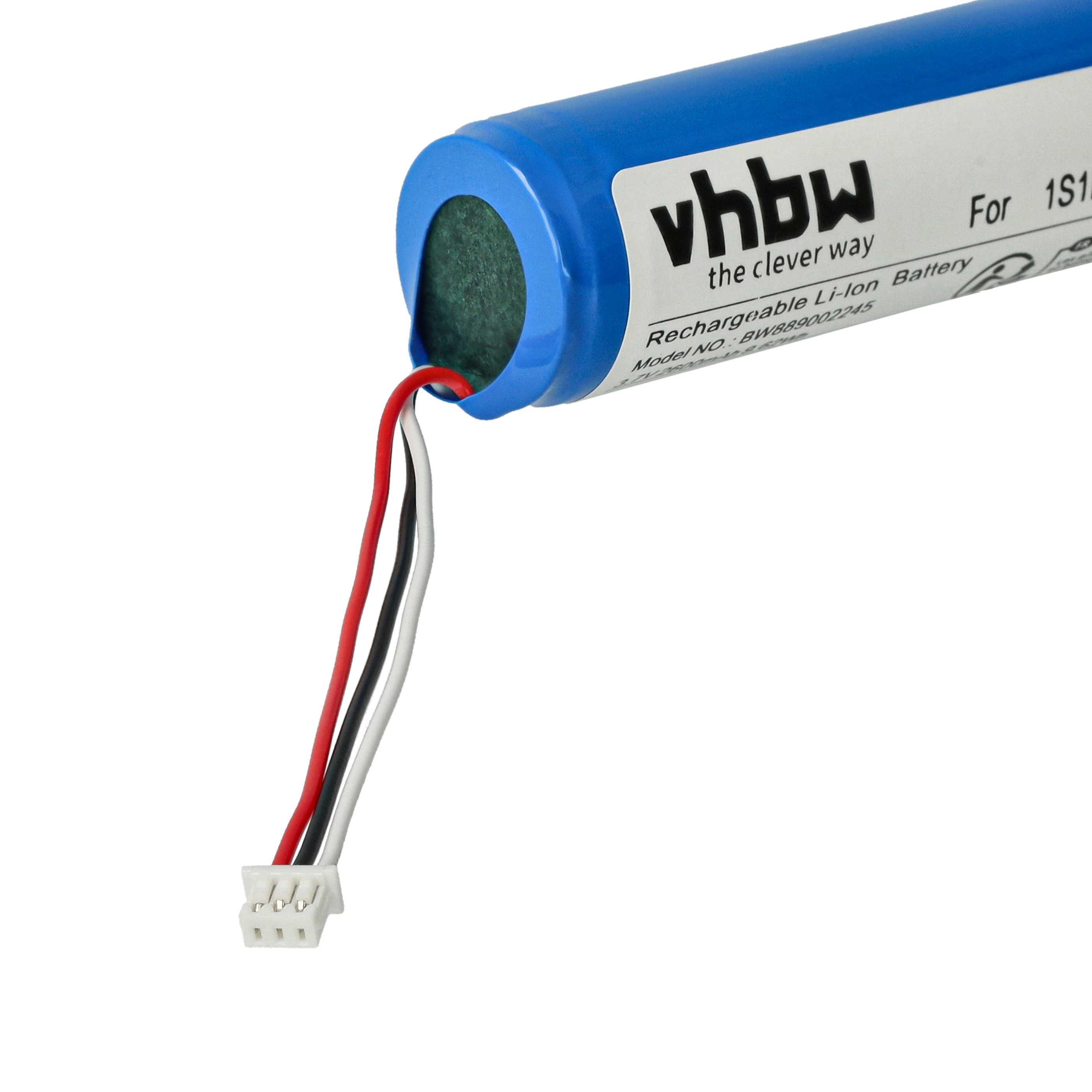 Ein blauer vhbw-Akku mit roten, schwarzen und weißen Drähten. Die Batterie hat ein grünes Ende und ein weißes Etikett.